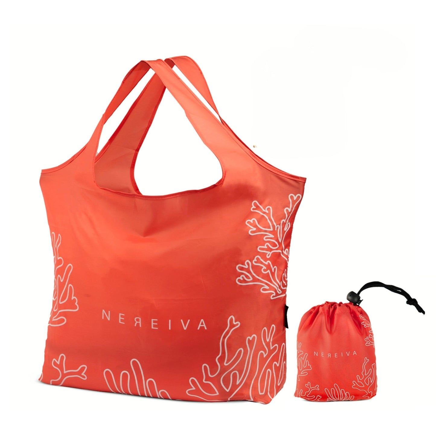 Nereiva 55 Pound Reusable Shopping Bag Coral Pink - Foldable into a Small attached Pouch - Reinforced Handles - Washable Reusable Grocery Bag, Durable Packable Tote for Travel, Shopping and Groceries.