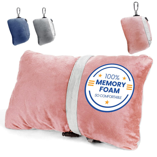 Compact Travel Pillow Made with Shredded Memory Foam and Super Soft Fleece Fabric for Ultimate Comfort in Travel. Patented Design Rolls and Compacts Small for Travel. (Pink)