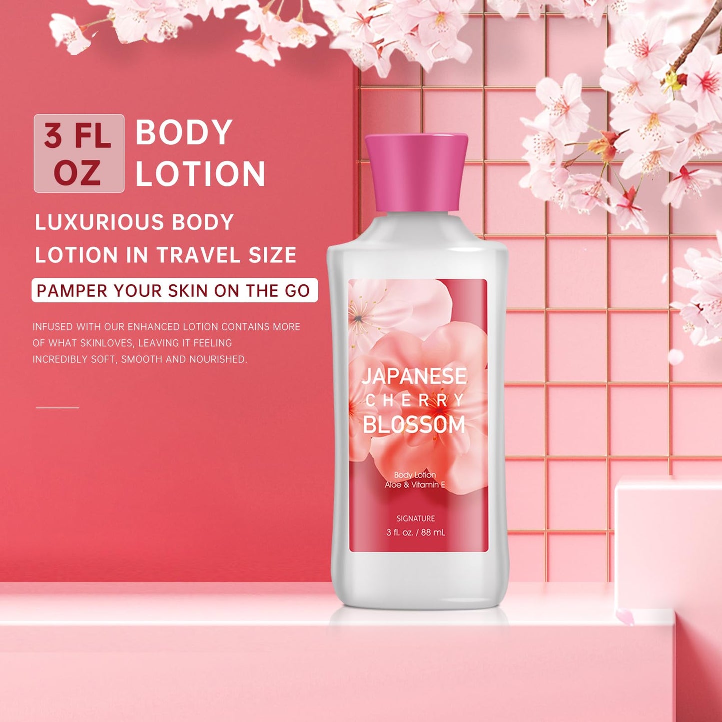 Bath Gift for Women and Girls, Japanese Cherry Blossom Spa Set With Natural Extracts, 3PCS Set - Shower Gel, Lotion, Mist, Personal Self Care Kit, Body Care Travel Set