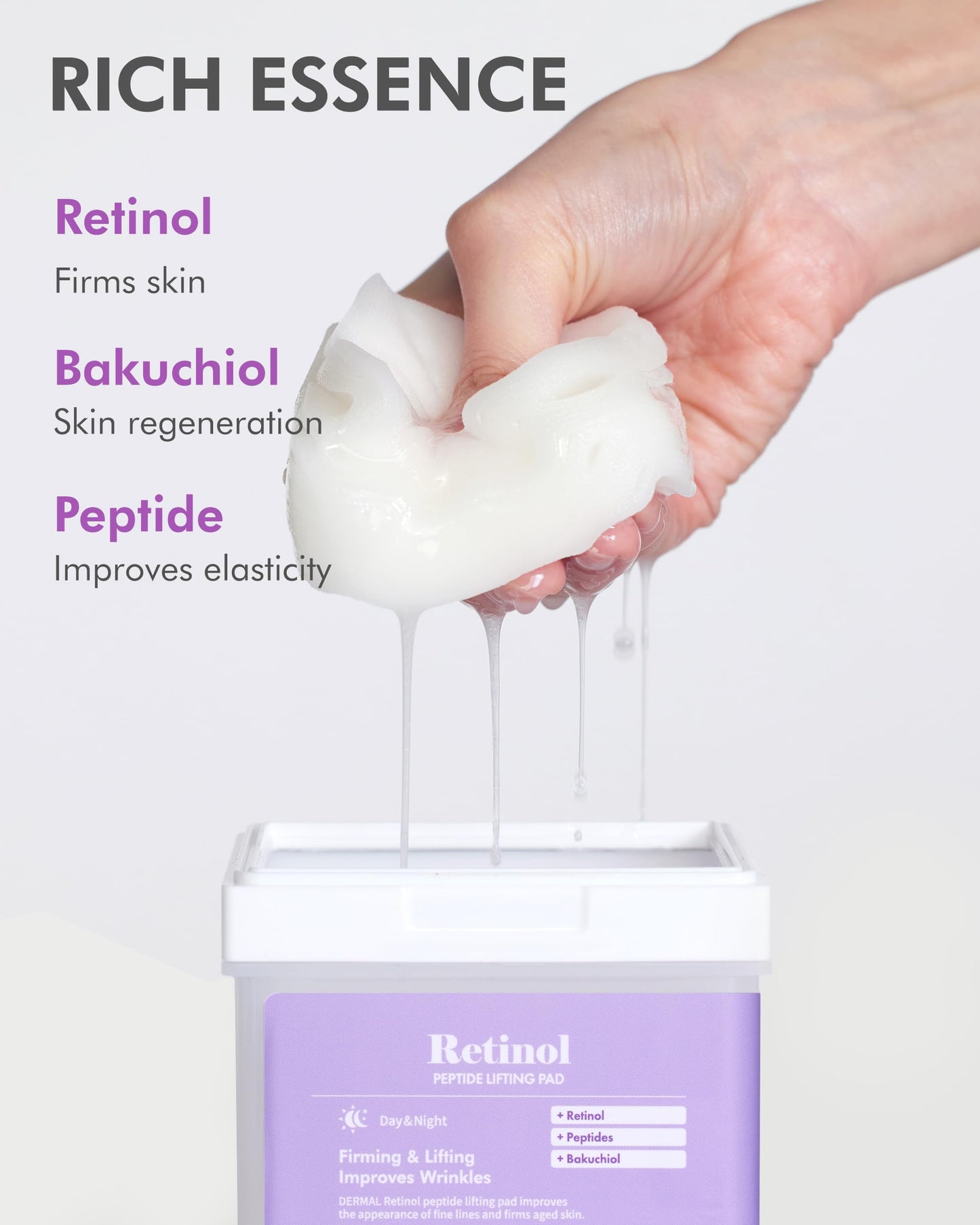 DERMAL Retinol Peptide Lifting Pad - Korean Toner Pad for Anti-Aging & Wrinkles with Bakuchiol - Vegan Pure Cotton Square Pads - Travel Kit 12 Pads, 3 Pack (Total 36 Pads)