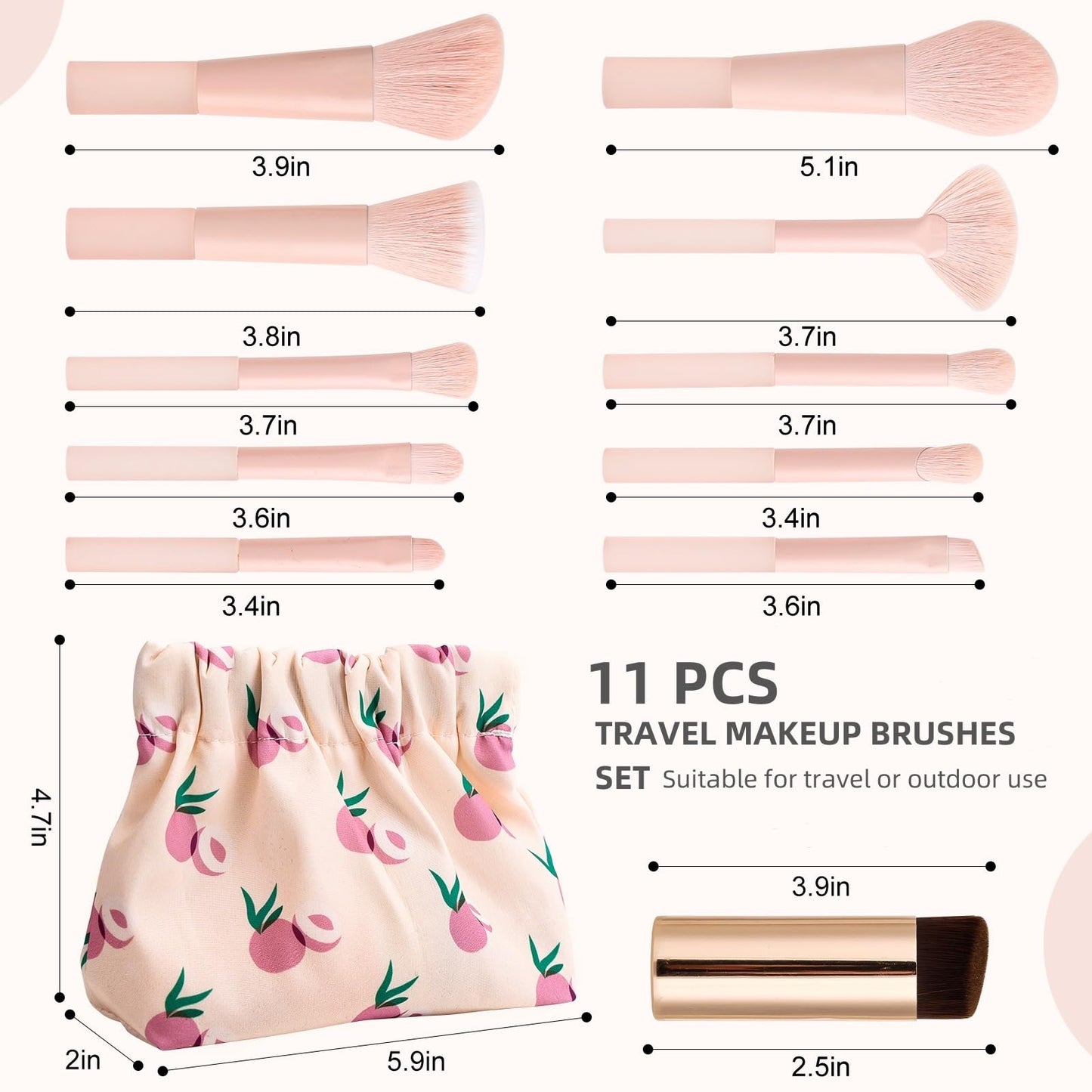GOERTI 11 Pcs Mini Travel Makeup Brush Set With Case, Professional Premium Synthetic Kabuki Powder Foundation Blush Fan Highlight Eye Blending Shadows Concealer and Lips Brush Kit for Travel