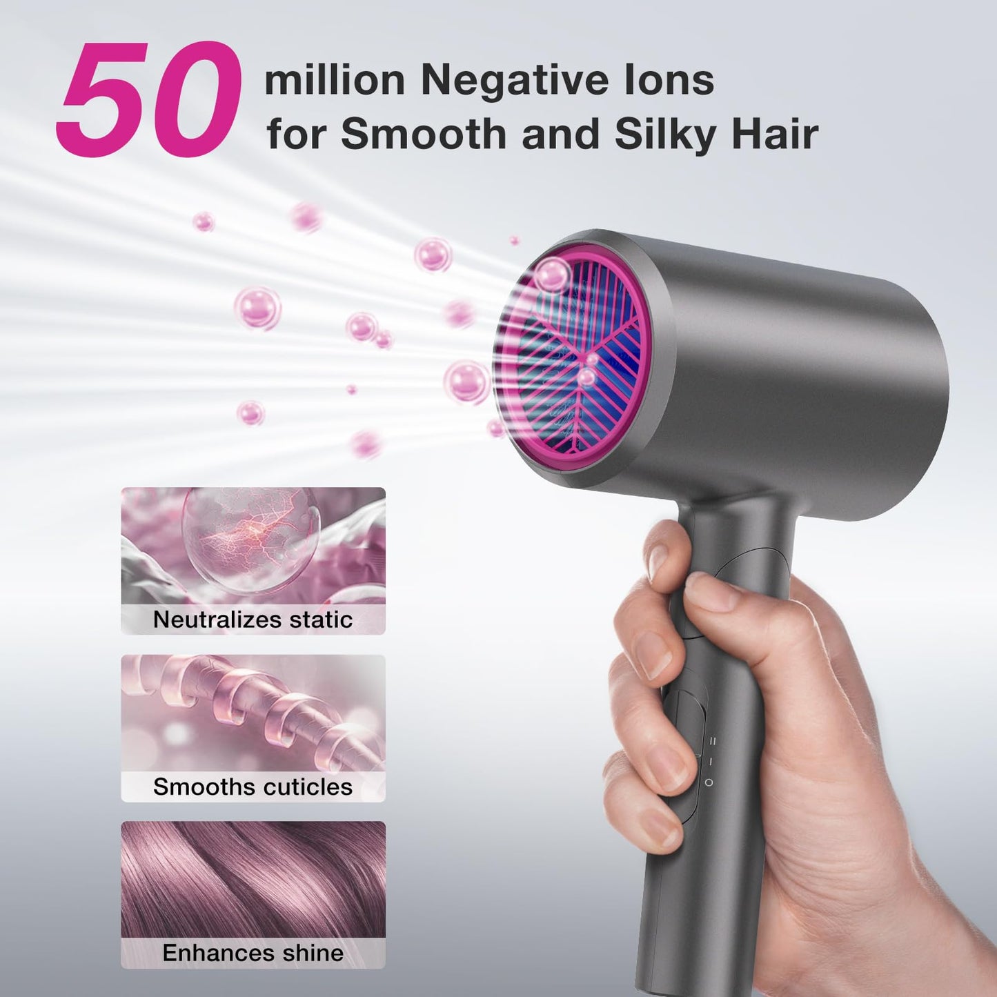 BABONIR Ionic Diffuser Hair Dryer for Curly Hair, 1875W Fast Drying Blow Dryer with Diffuser and Concentrator Nozzle, Compact & Portable Negative Ion Hairdryer Blowdryer, 3 Heat 2 Speed Settings, Gray