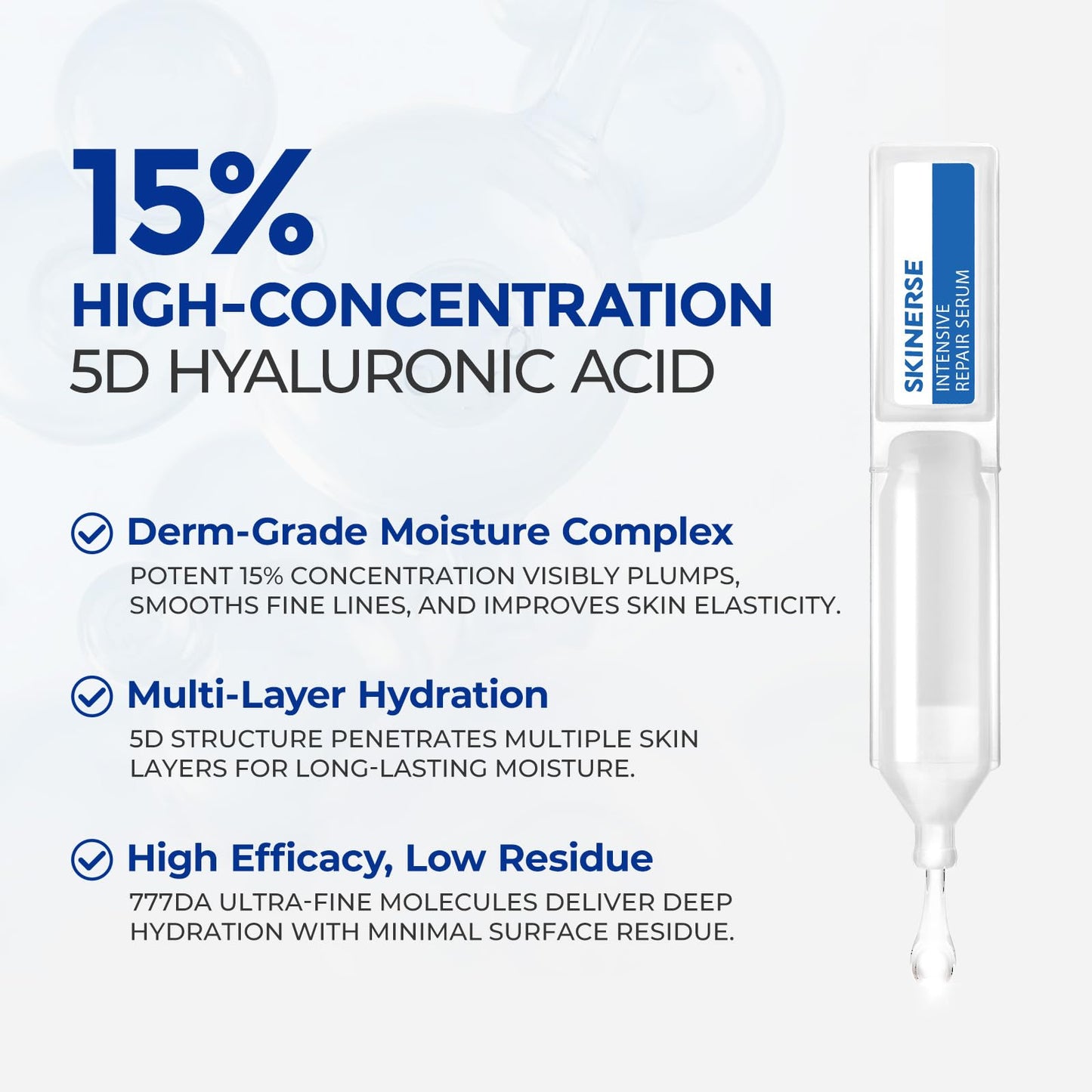 SKINERSE Intensive Repair Serum, 15%Hyaluronic Acid for Sensitive Skin Anti Aging Ultra Hydrating Serum for Face Calming Barrier Repair Redness Relief with Ceramides Centella 30Vials Daily Travel Care