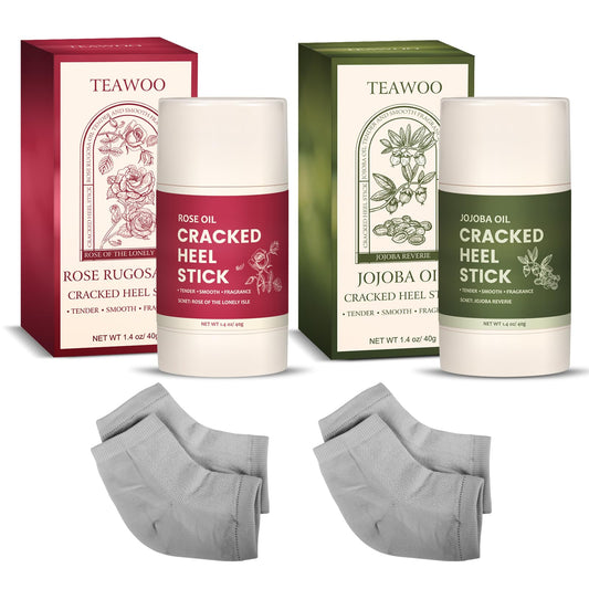 4 Pcs Cracked Heel Repair Set –Comes with 2 Repair Sticks & 2 Foot Care Socks, Rose & Jojoba Oil Heel Balm for Dry Cracked Feet, No-Mess Applicator, Travel-Friendly