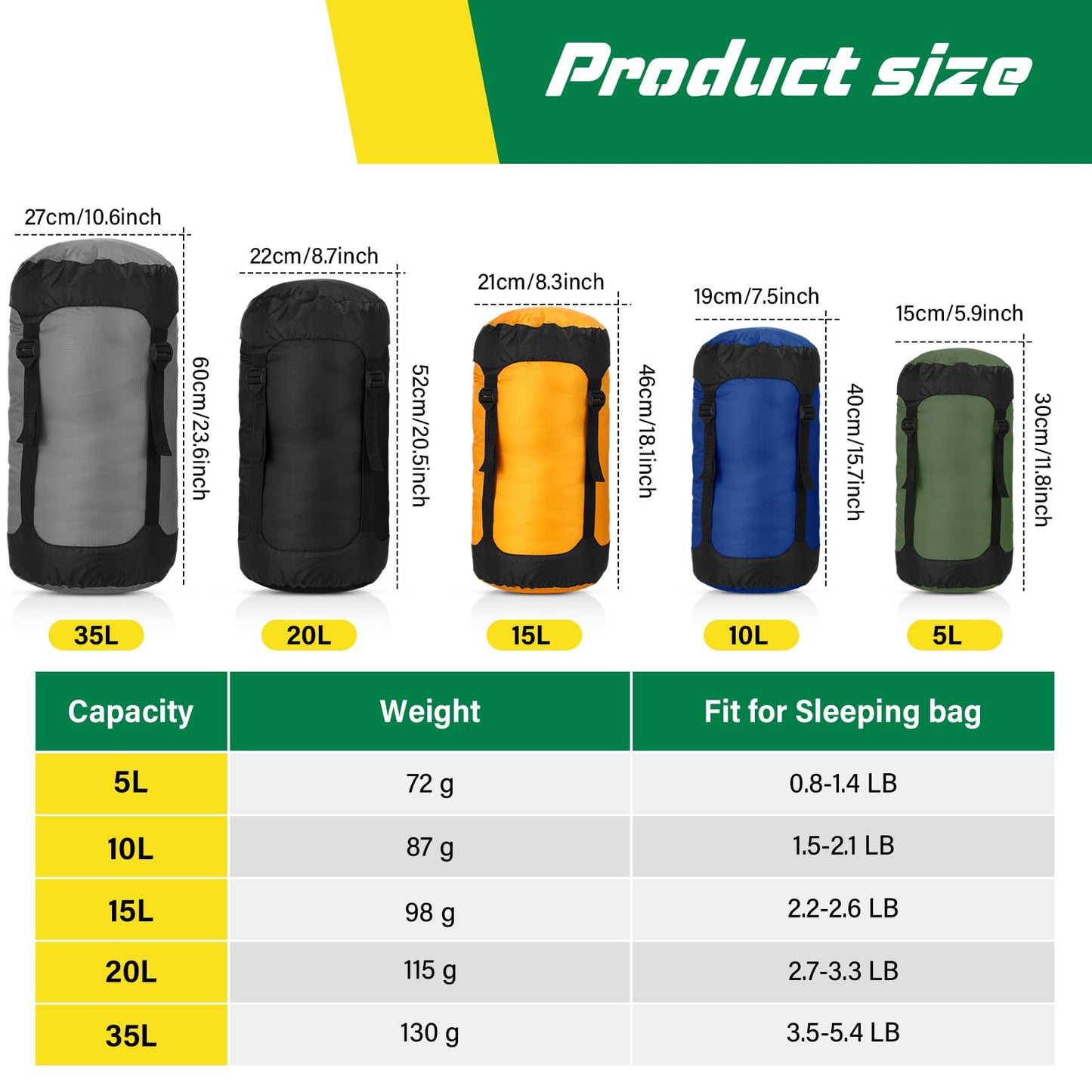 GliCraft 5 Pcs 5L/10L/15L/20L/35L Camping Sleeping Bag Compression Sacks for Backpacking Water Resistant Sleeping Bag Stuff Sack Space Saving Storage Sack for Hiking Gear(Dark Colors)