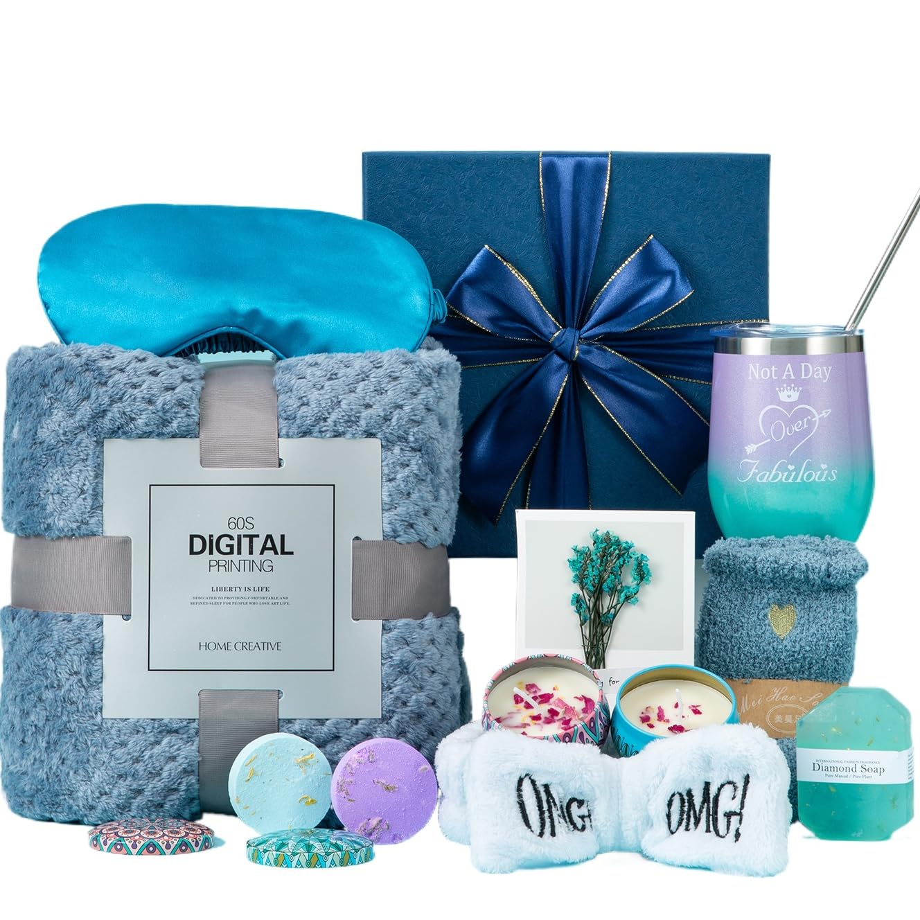 Gifts Basket for Women,Birthday Gifts for Women Birthday Presents Friendship Gifts Get Well Soon Gifts Self Care Package Gifts Blue Gift Box Relaxing Set Unique Gifts with Blanket for Mom,Wife,Sister
