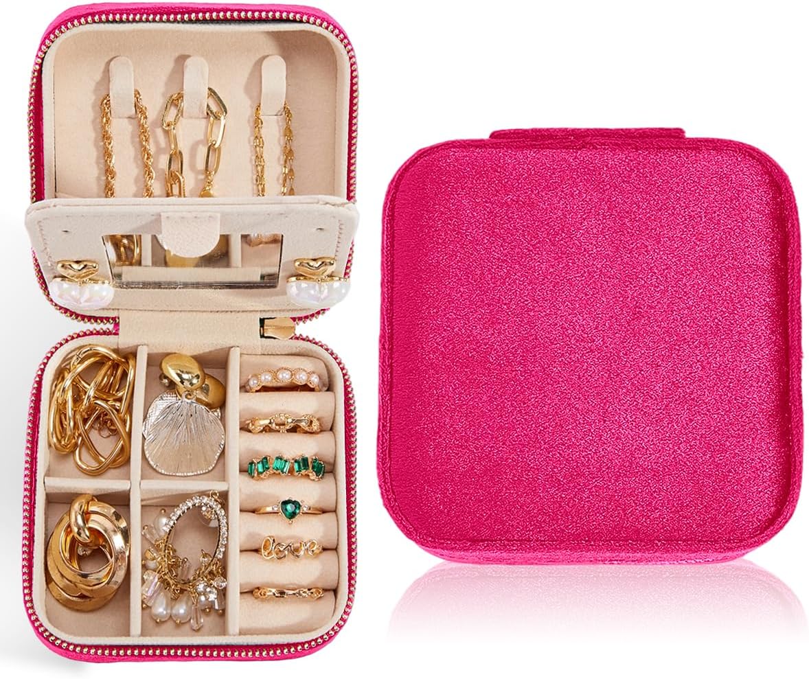 Travel Velvet Jewelry Box with Mirror, Mini Gifts Case for Women Girls, Small Portable Organizer Boxes for Rings Earrings Necklaces Bracelets