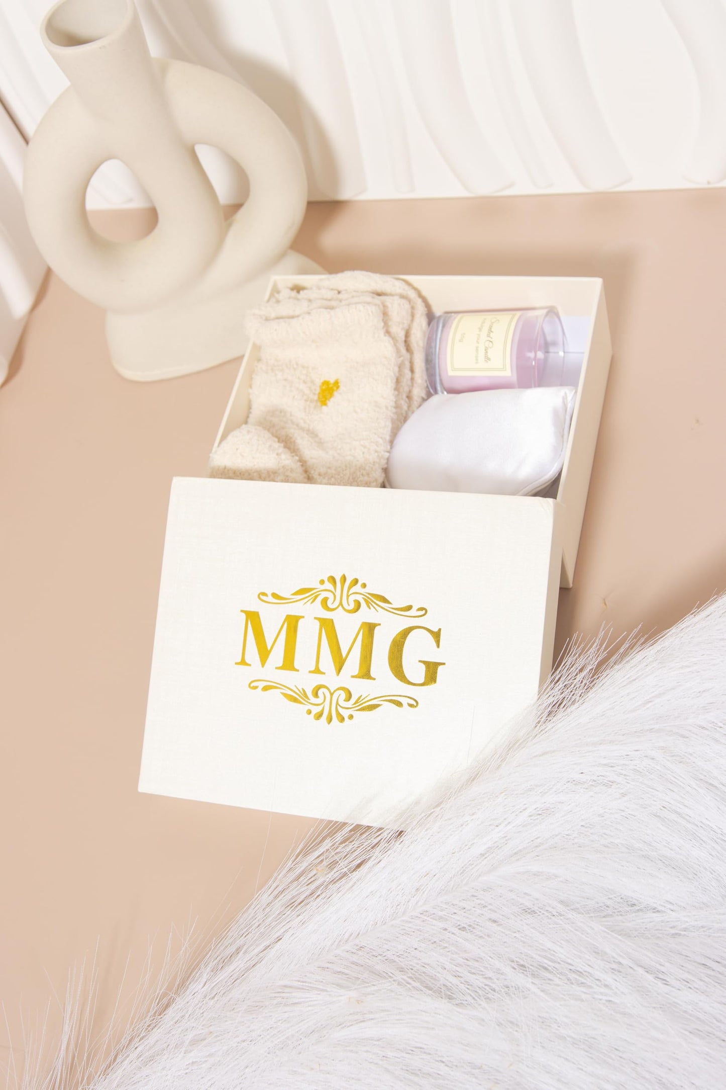 Spa Gift Set for Women – Relaxation Kit with Candle, Fuzzy Socks, Satin Eye Mask – Gift Box for Birthday, Thank You, Bridesmaid (Ivory White)