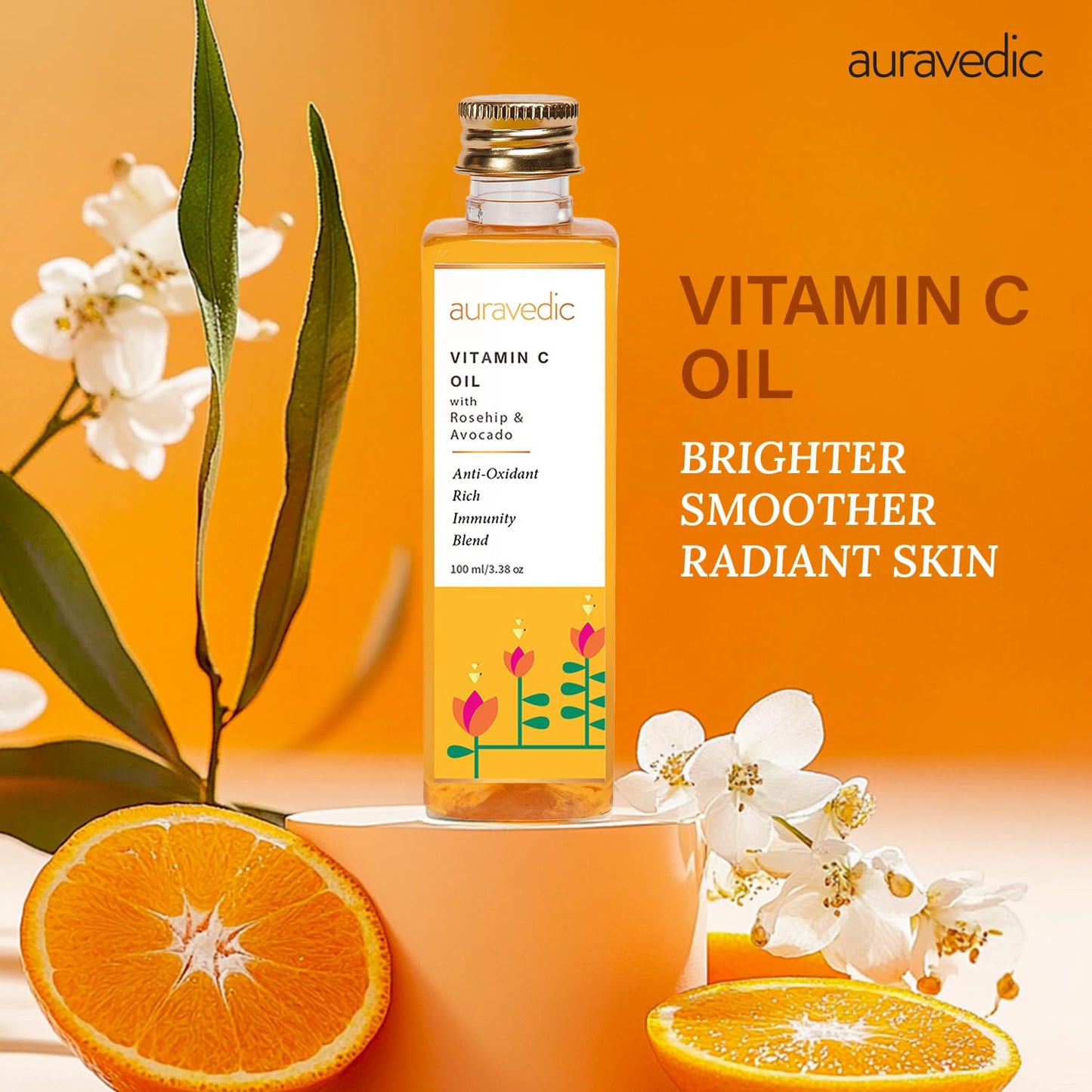 Auravedic Vitamin C Face Oil | with Rosehip, Avocado and Vitamin E | Natural & Organic Skin Moisturizer | Ayurvedic Facial Massage Oil for Soft, Smooth Skin | 3.38 Fl Oz (100ml)
