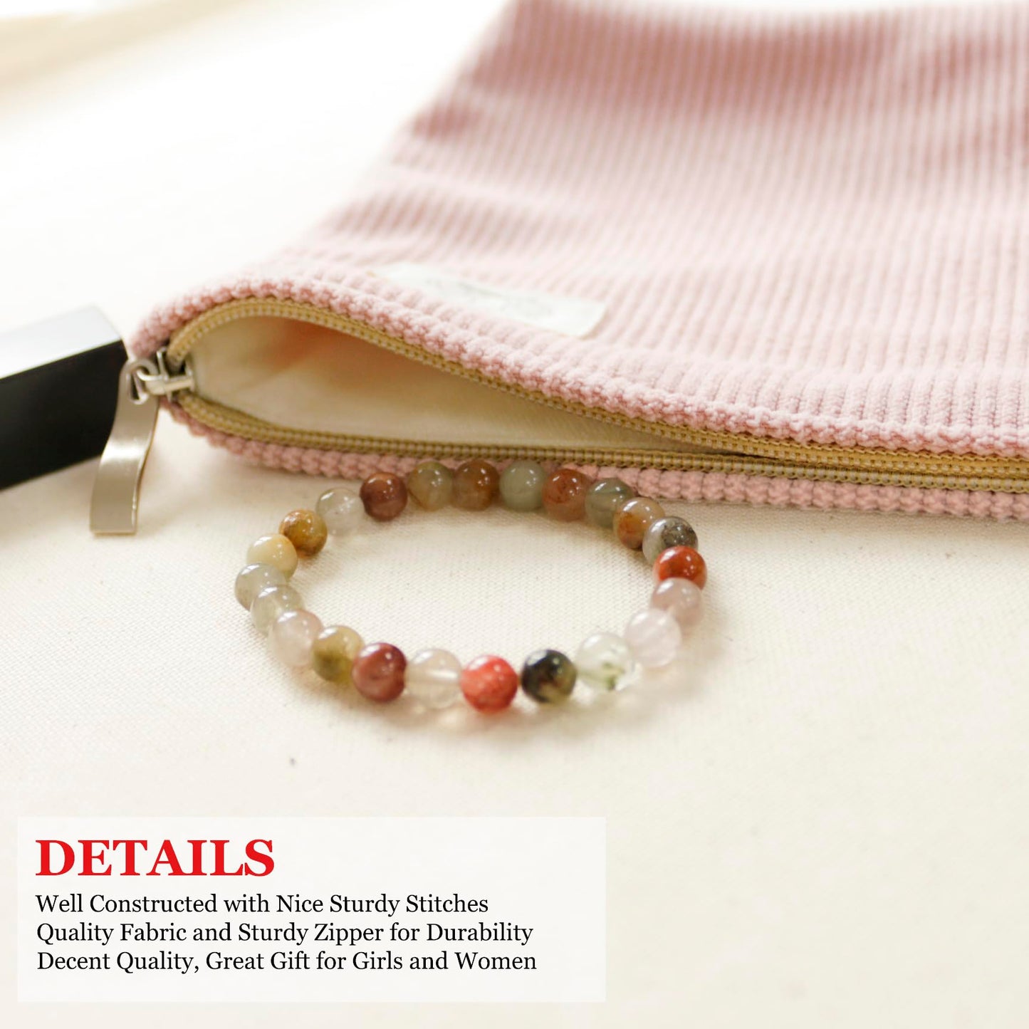 HAPPYHEIDI Large Corduroy Makeup Bag Compartment Cosmetic Toiletry Travel Accessory Pouch Purse Organizer, Soft Creamy Pink