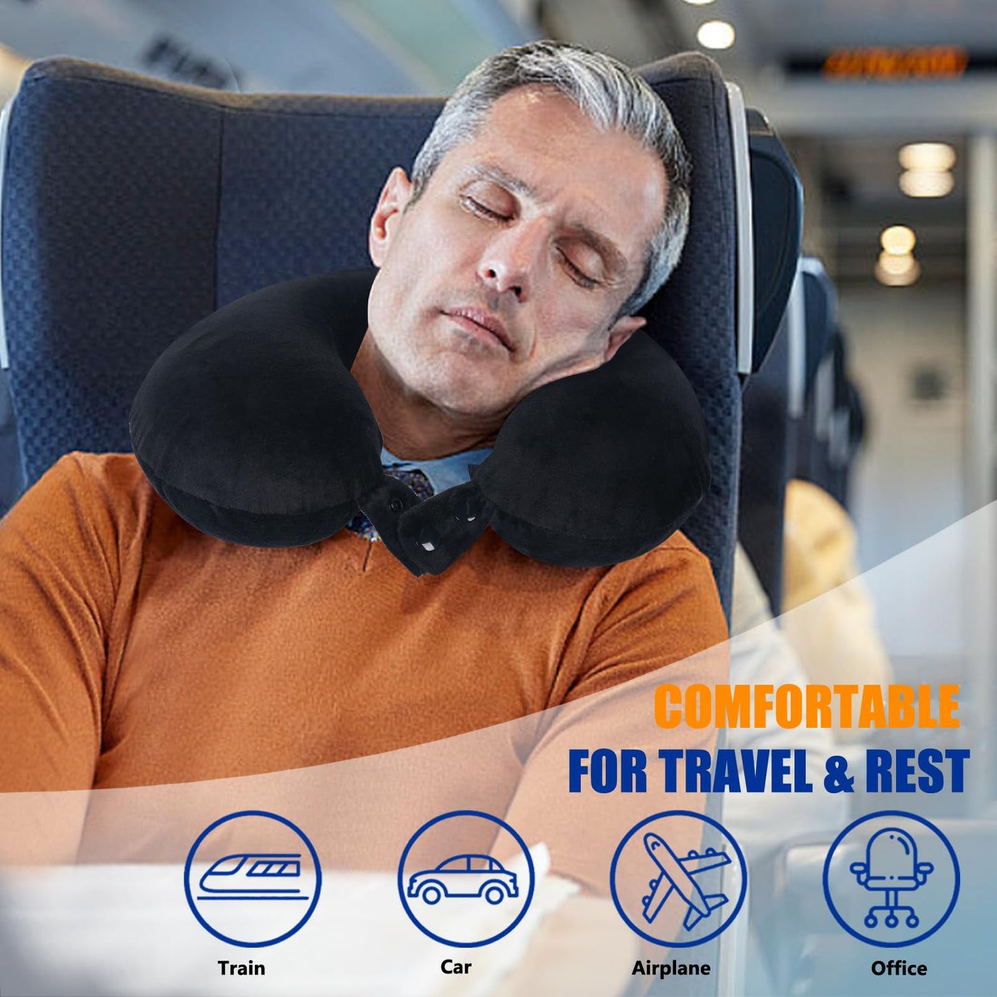 SAIREIDER Travel Pillow 100% Pure Memory Foam Travel Neck Pillow, Airplane Pillow for Traveling、Car、Home、Office,Washable Cover(Black)