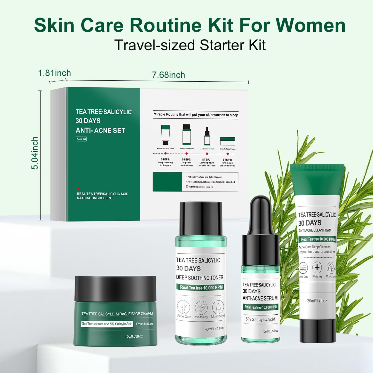 Tea Tree Salicylic Acid Facial Skin Care Set, Acne Treatment Skincare Set ,Skincare Mini Kit, Facial Kit Gifts for Women,Cleanser, Toner, Serum, Cream,Oil Control Facial Kit, Travel Size Set