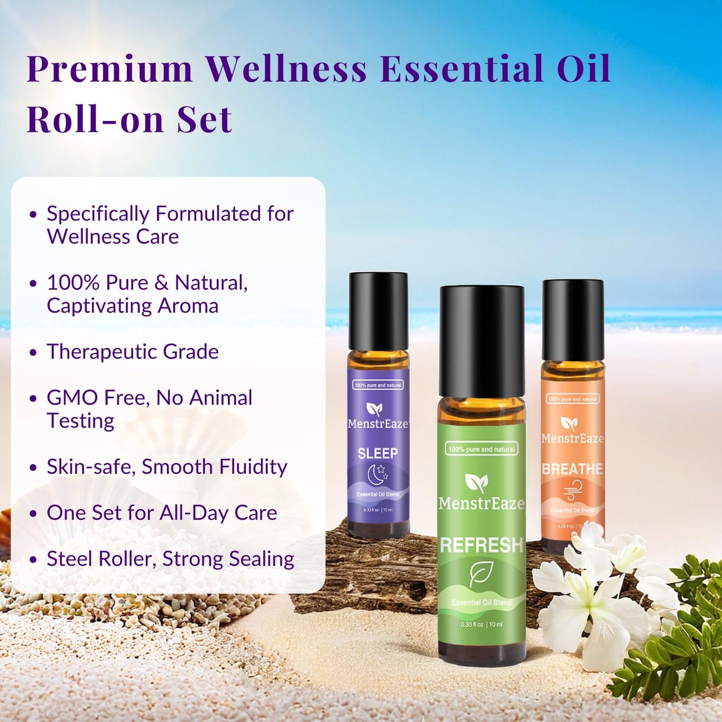 Therapeutic Grade Essential Oils Roll-On Set (Sleep, Breathe, Refresh), 100% Pure Natural Blend for Sleep Support, Stress Comfort, Head Comfort, Clear Breathing, Self Care Gifts for Women and Men