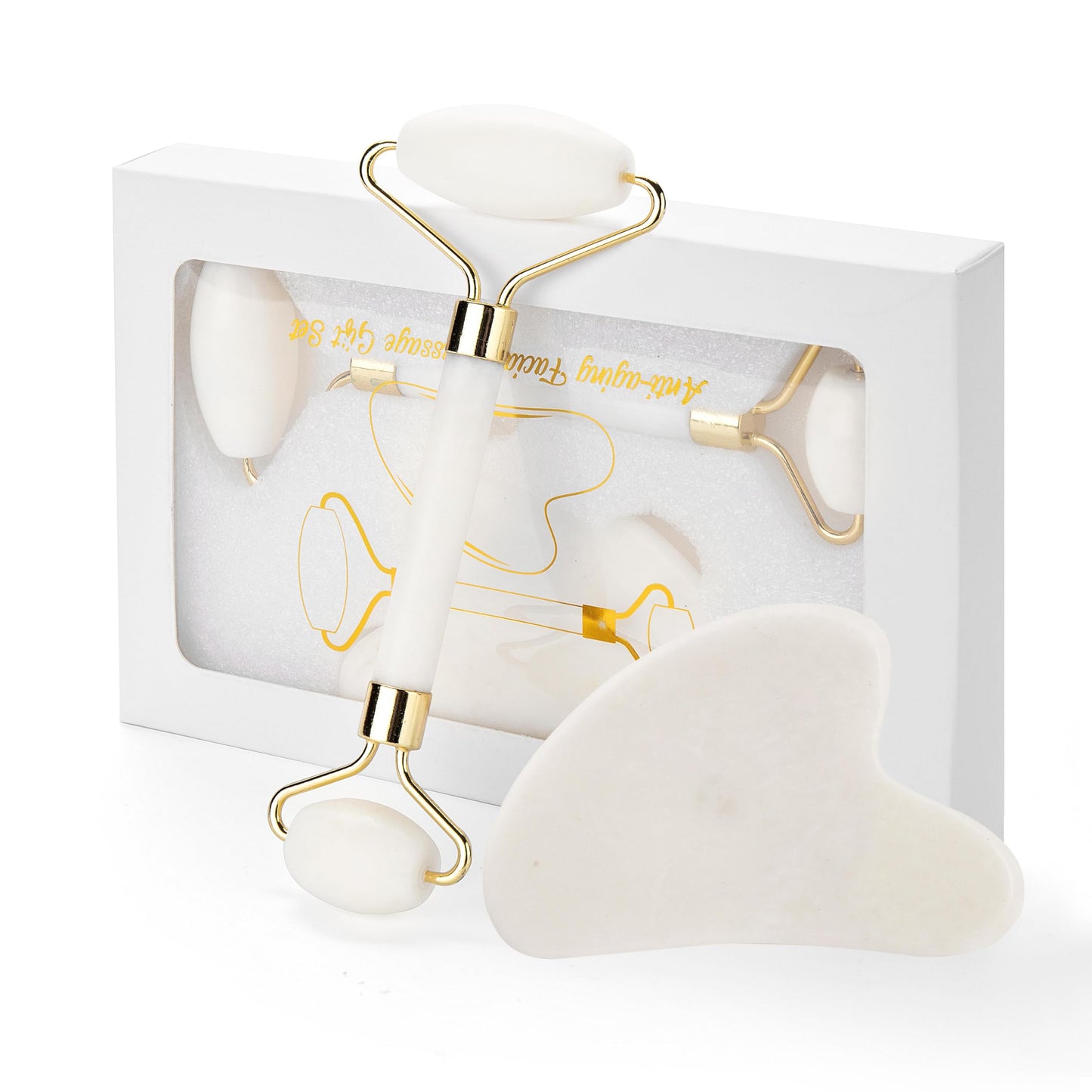 Gua Sha Facial Tools & Jade Roller for Face, Eye & Neck Skin Care, 100% Natural Jade Stone Face Roller Gua Sha Massage Tool, Eye Roller for Puffy Eyes, Facial Self Care Kit for Women (White)