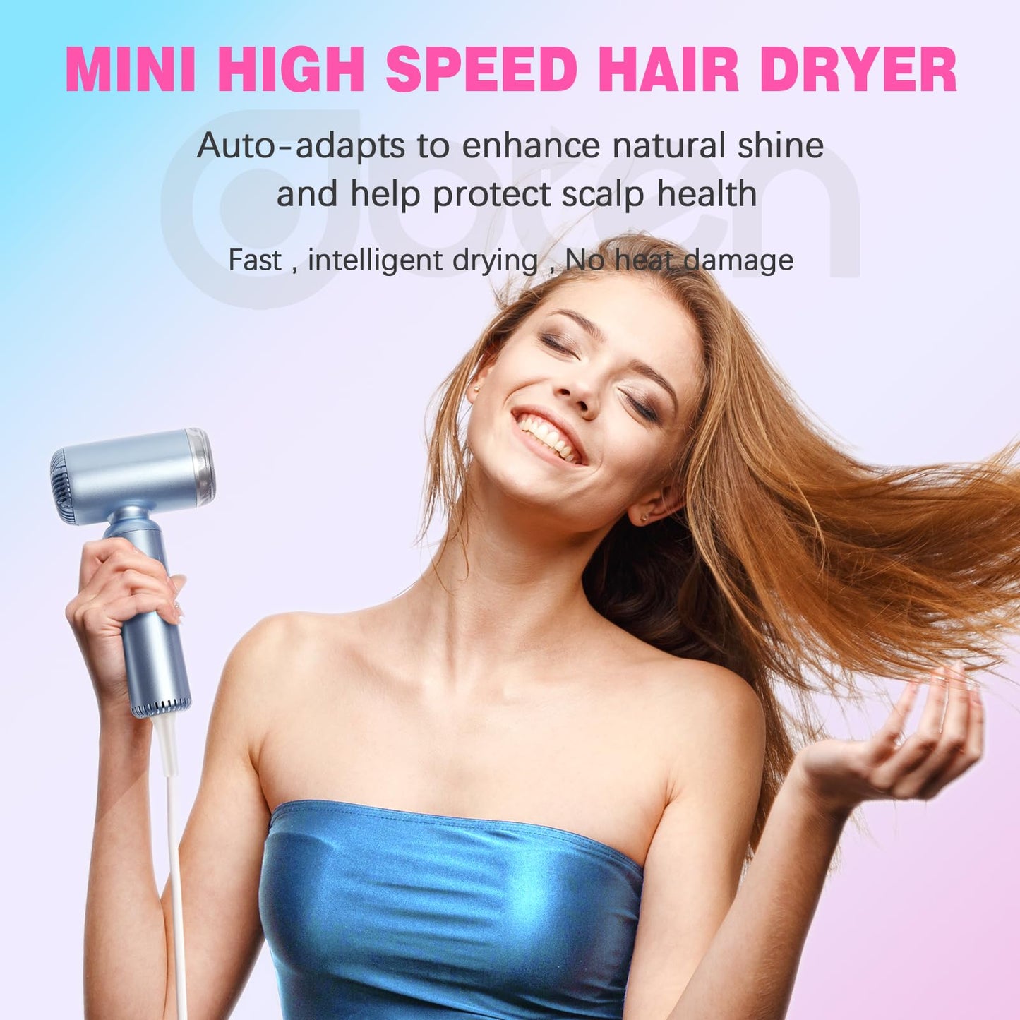 DBTEN Mini Hair Dryer, High-Speed Blow Dryer with 110,000RPM Brushless Motor, Magnetic Diffuser, Negative Ionic Technology for Fast Drying, Compact & Lightweight for Home & Travel (Blue)