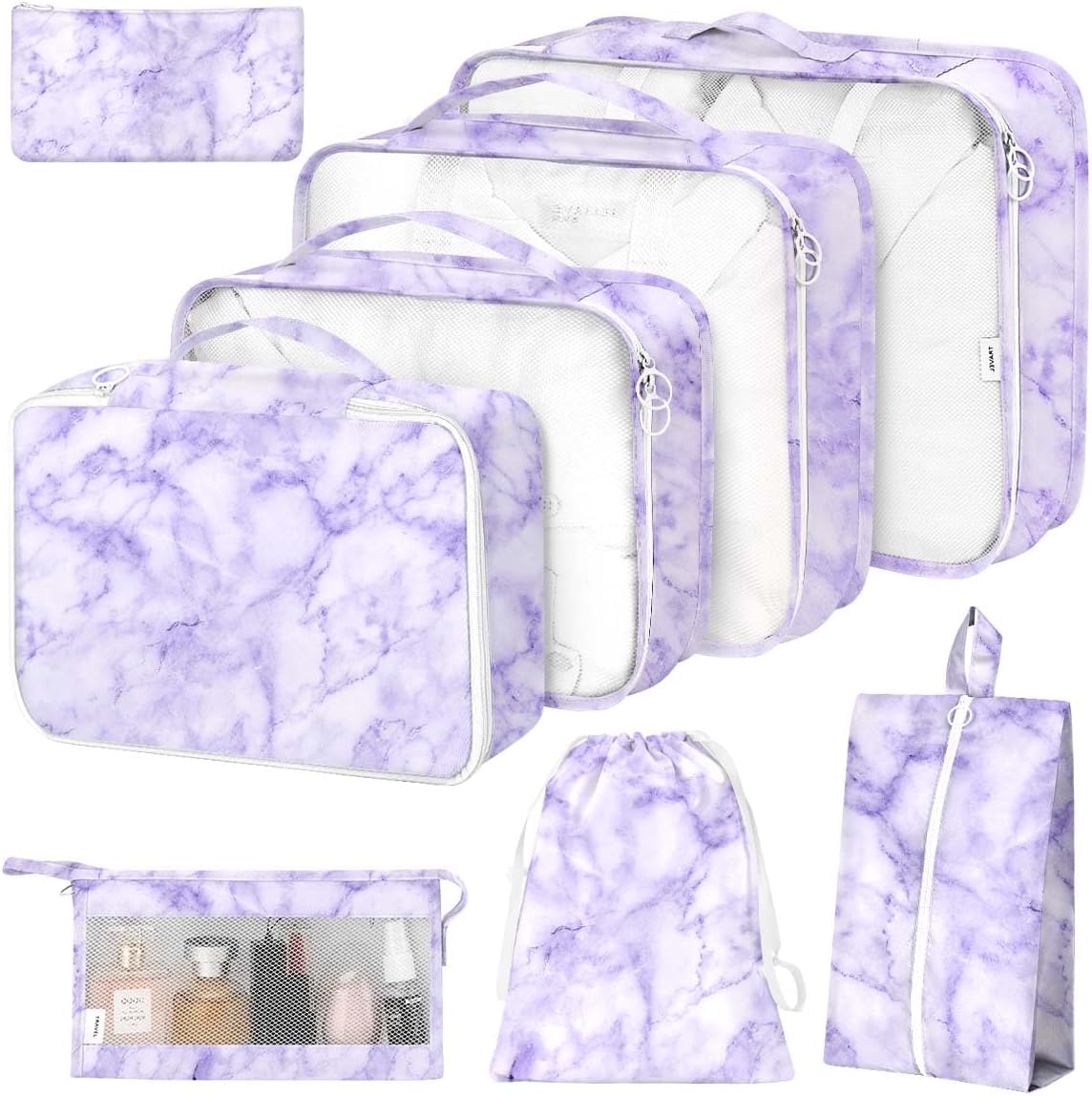 8 Set Packing Cubes for Suitcases,Packing Cubes with Shoe,Cosmetics,Clothing,Accessories Bags for Travel Luggage Organizer Women Men(Purple Marble)
