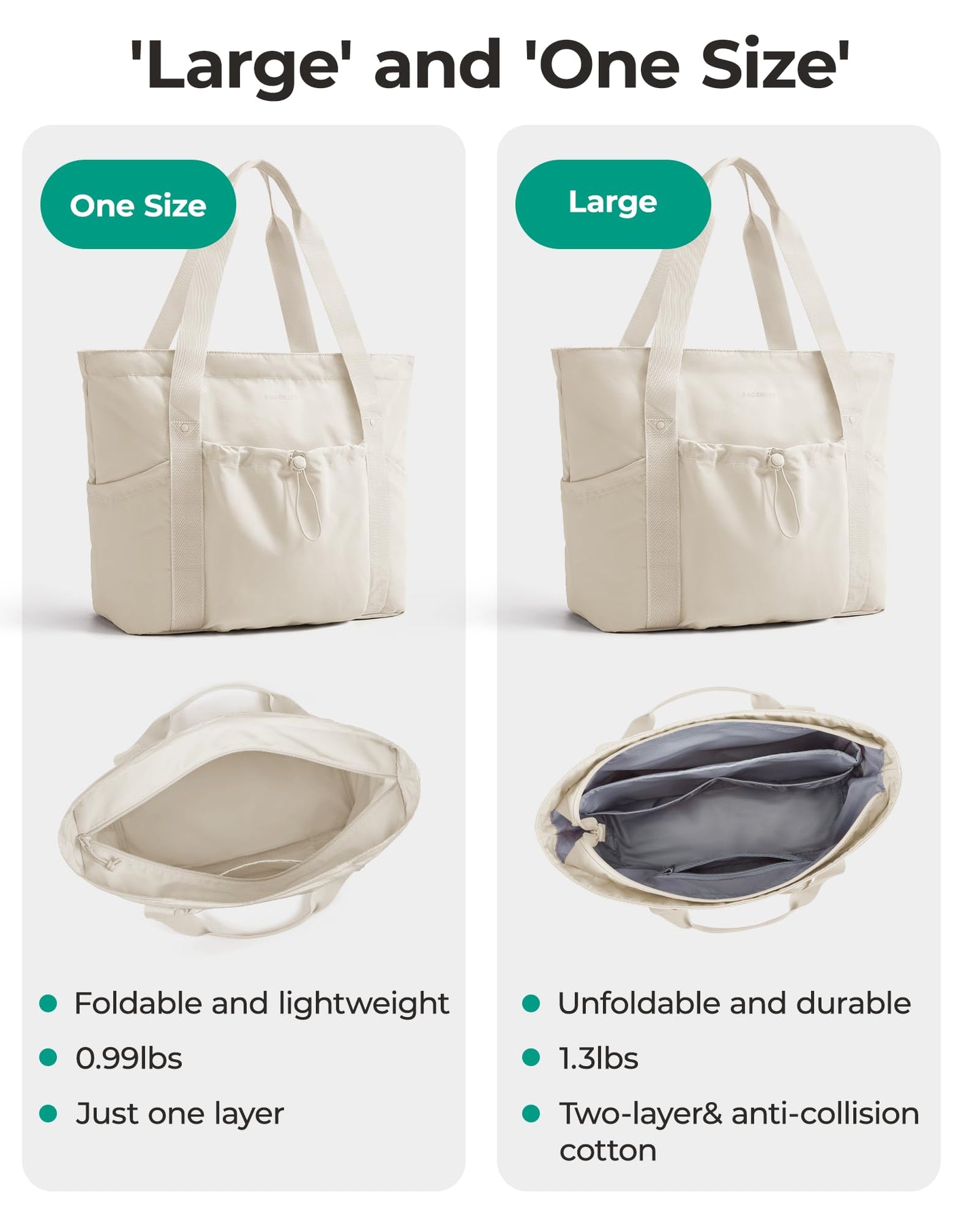 BAGSMART Foldable Tote Bag with Drawstring Bag, Large Tote Bag Shoulder Bag Top Handle Handbag for Travel, Work, Beach, Gym