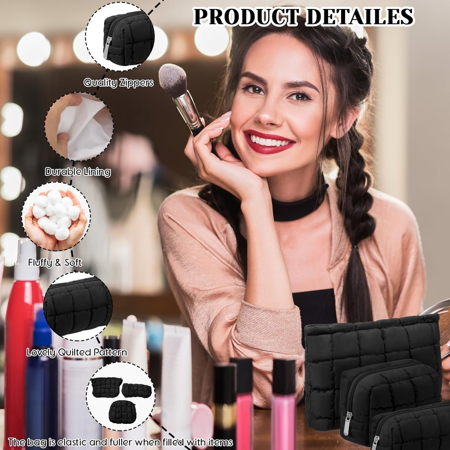 Huhumy 3 Pcs Puffy Makeup Bag Quilted Cosmetic Pouch for Women Cute Checkered Travel Toiletry Bag Puffer Makeup Organizer Purse Pouch Preppy Pencil Case with Zipper