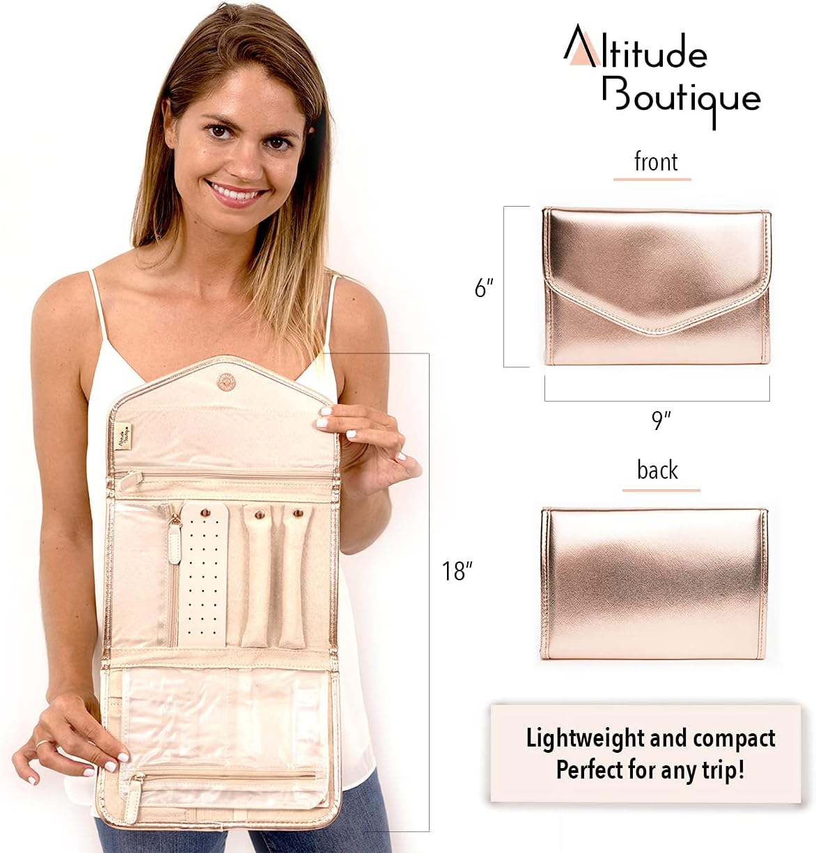 Altitude Boutique Travel Jewelry Organizer Roll Foldable Jewelry Case for Journey Packing Vacation-Rings, Necklaces, Bracelets, Earrings (Rose Gold, Medium)
