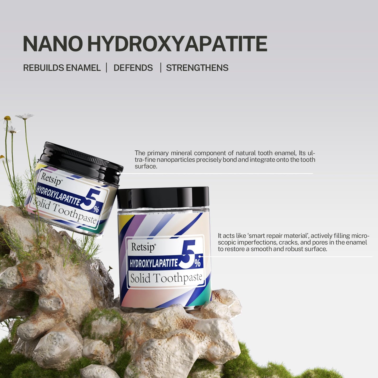 Retsip Toothpaste Tablets - 5% Nano Hydroxyapatite, Fluoride Free, Travel Friendly, Eco &Plastic Free, Remineralize & Whitening - 62pcs