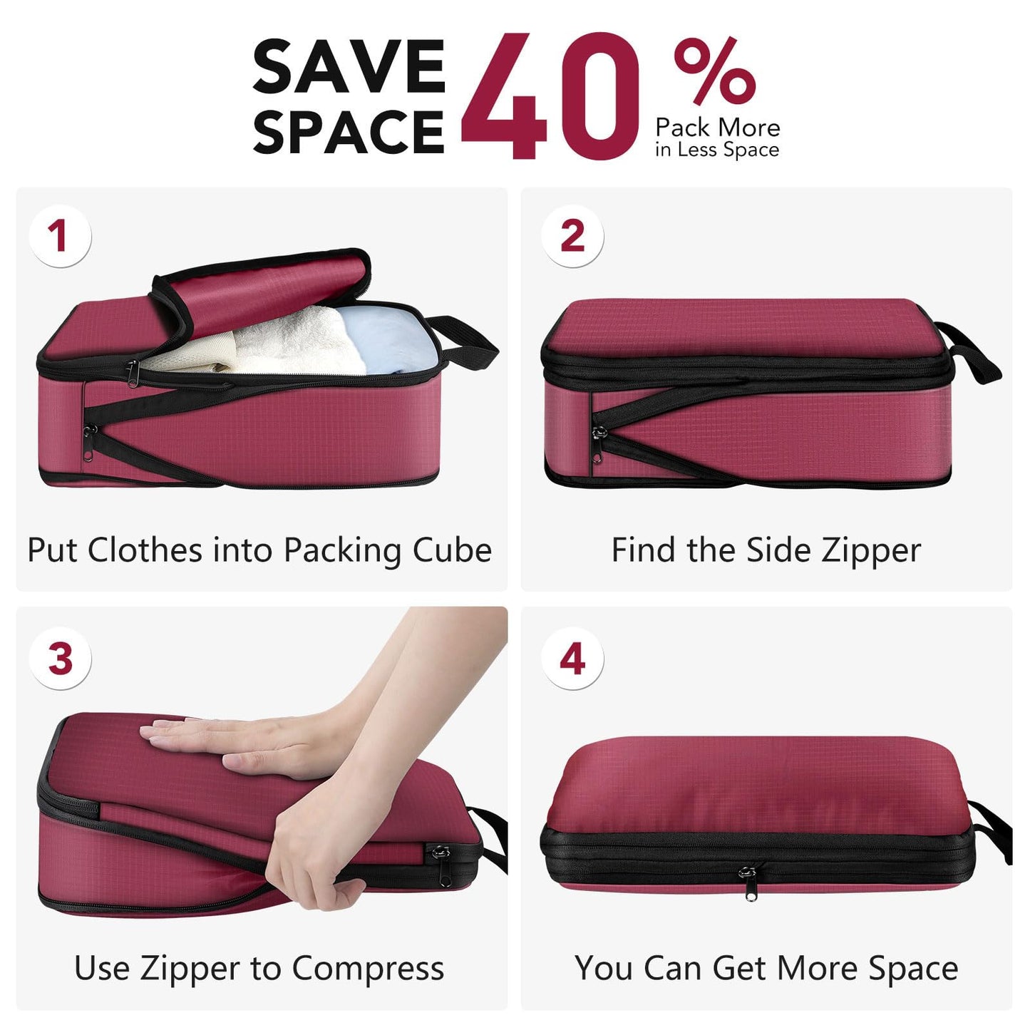 Sowgnaw 4PCS Red Polyester Packing Cubes for Travel, Lightweight Compression Travel Bags - Luggage Suitcase Organizer with Zipper Closure