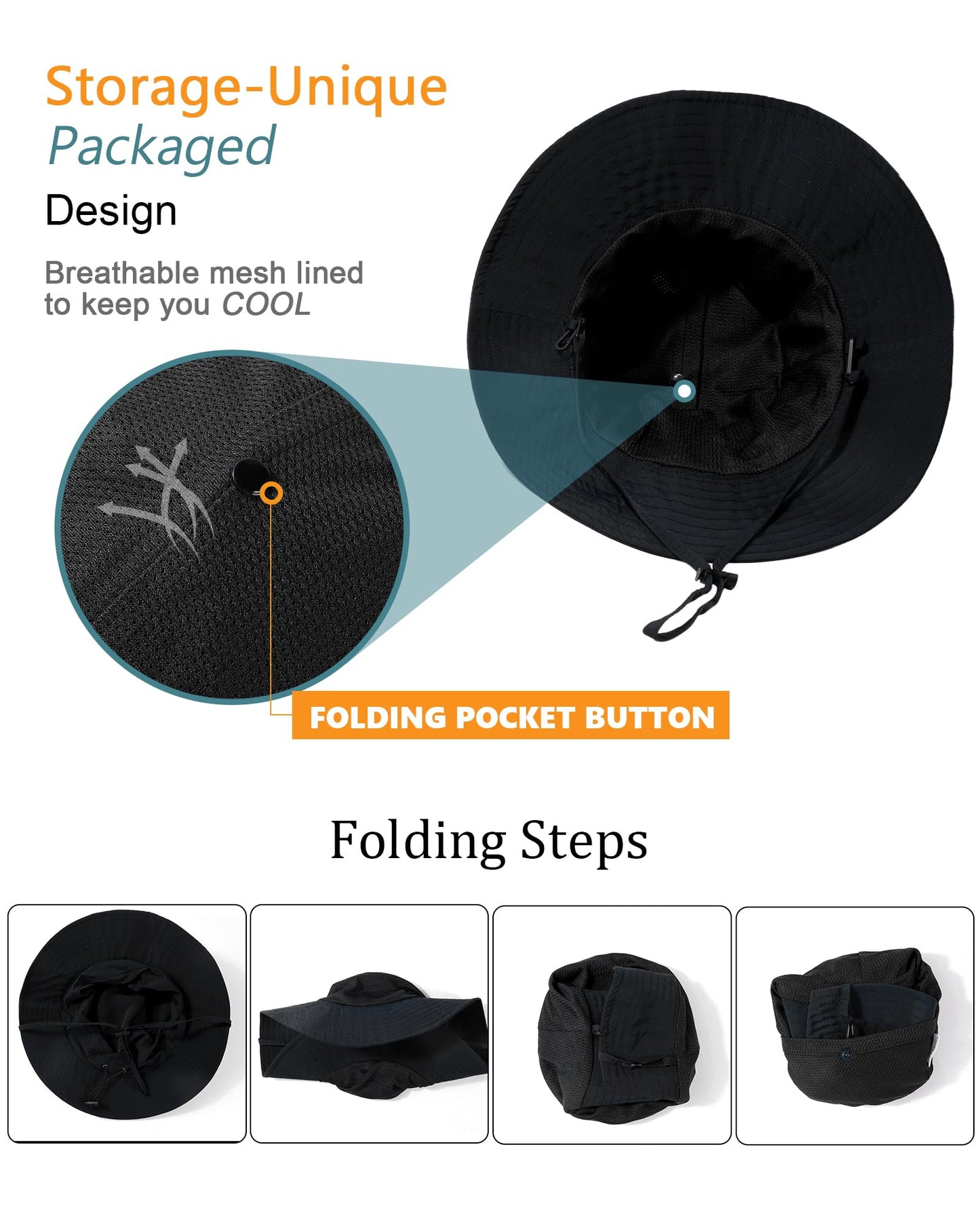 Waterproof Sun UPF 50+ Bucket Hat UV Protection Packable Brimmed Boonie for Women Men Summer Lightweight Hiking Outdoor Cap Black