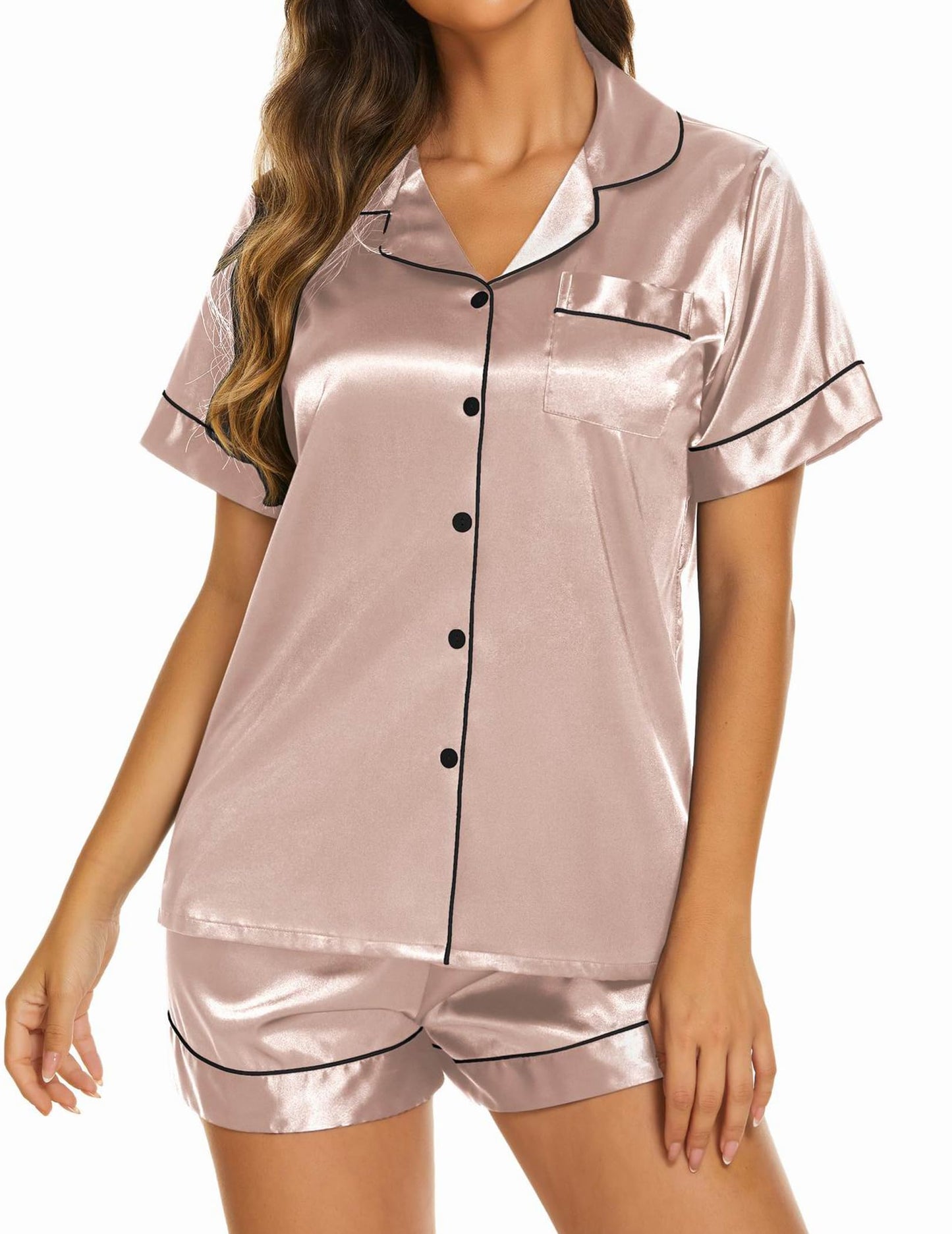 Ekouaer Satin Pajamas for Women Short Pjs Bridesmaid Sleepwear Silk Summer Cool Nightwear 2 Piece Shorts Set,Pale Coffee,Medium