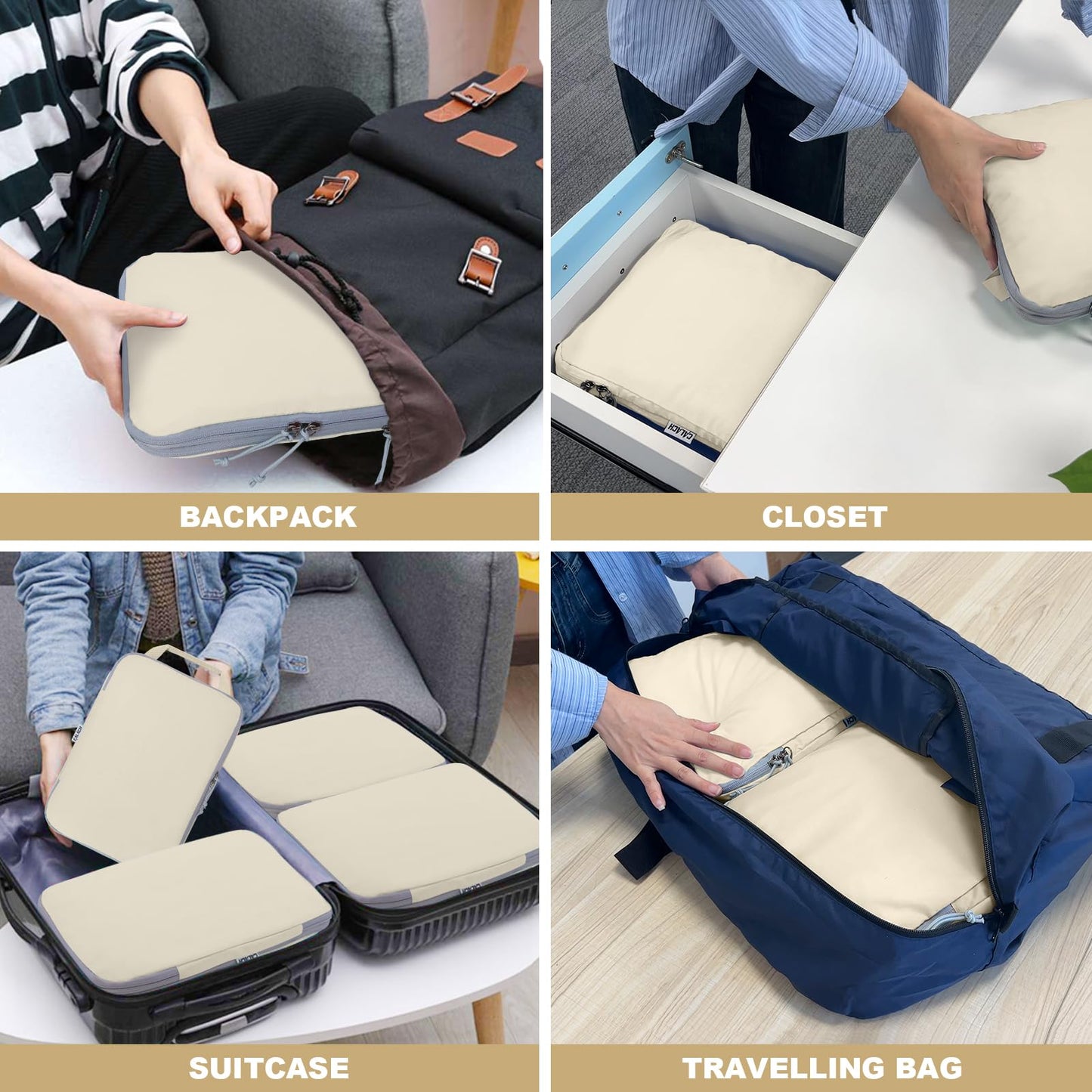 Compression Packing Cubes for Travel Essential, 2 Set Compression Bags Travel Cubes for Packing Suitcase Luggage Organizer Bags Set, Beige