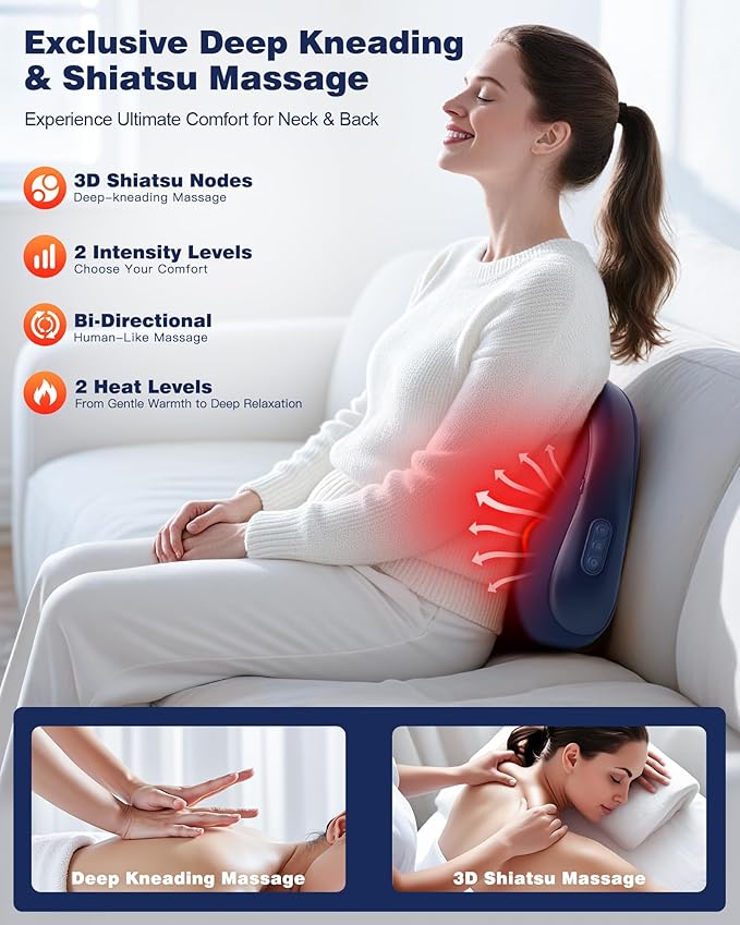Shiatsu Back and Neck Massager with Heat – Deep Kneading Massage Pillow for Relaxation – Corded Design for Full Body Use