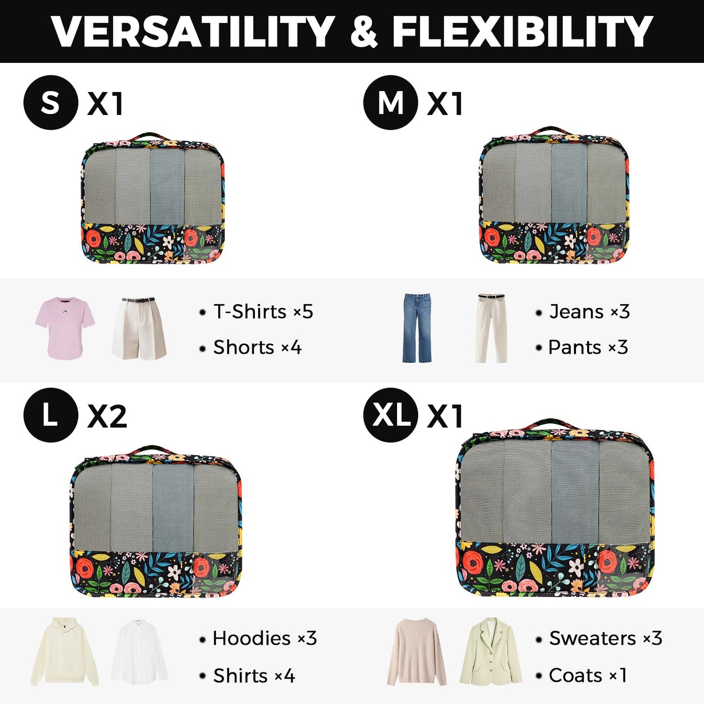 BAGAIL 9 Set Packing Cubes Luggage Packing Organizers for Travel Accessories (Black floral)