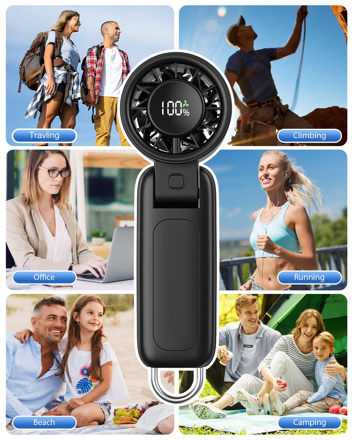 4 in 1 Handheld Portable Turbo Fan, 180° Foldable 6-Speed (1-100) Mini Fan, 5000mAh Rechargeable Battery Operated up to 15 Working Hours, LED Display Personal Cooling for Travel Indoor Outdoor Black