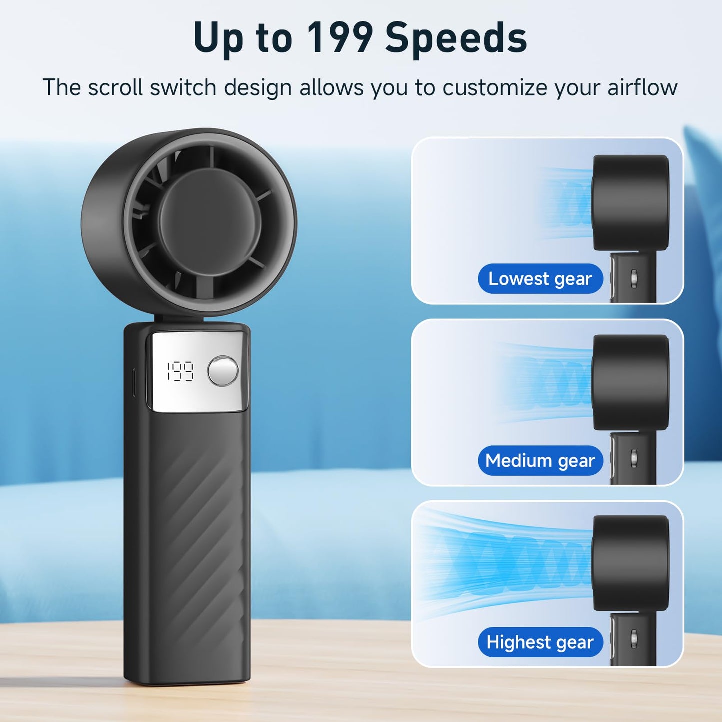 YOSHENMO Portable Handheld Turbo Fan - Foldable Mini Fan with Air Turbo Tech, 1-199 Speed Adjustment, 20H Runtime, LED Display, Battery-Powered for Indoor/Outdoor Use, Dark Black