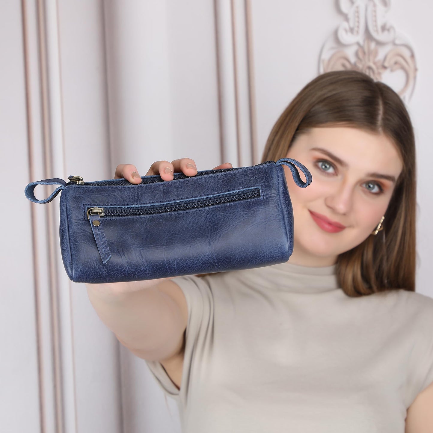 TheAntiq Leather Cosmetic Bags For Men and Women Travel Set HandCrafted Leather Makeup Bag, Small Toiletry Bag, Makeup Essentials Organiser Mini Cosmetic Pouch For Purse Dopp Kit