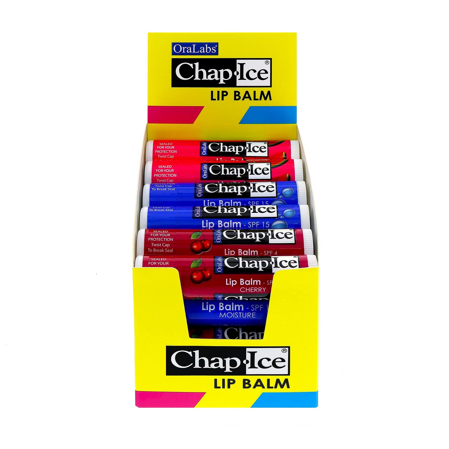 Chap-Ice® | Premium and Traditional Lip Balm for Chapped, Dry, or Windburned Lips | 3 Flavor Assorted (SPF-15) - Cherry, Moisture & Watermelon - 24 Sticks (0.15oz/4.25g)
