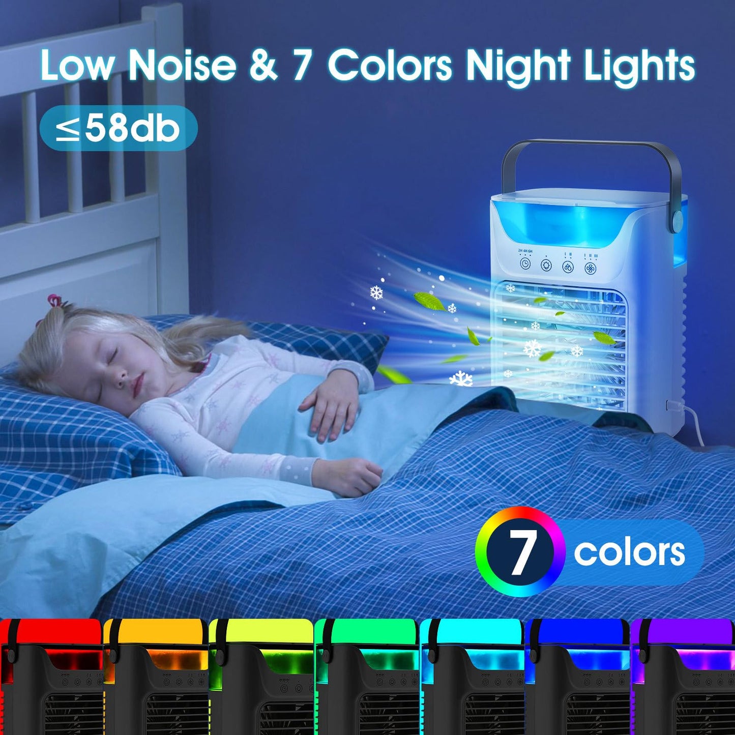 Portable Air Conditioner 3-in-1Mini Fan Cooler & Humidifier with 700 ml Top-Fill Water Tank 7-Color Night Light 2/4/6 H Timer & Ultra-Quiet Operation