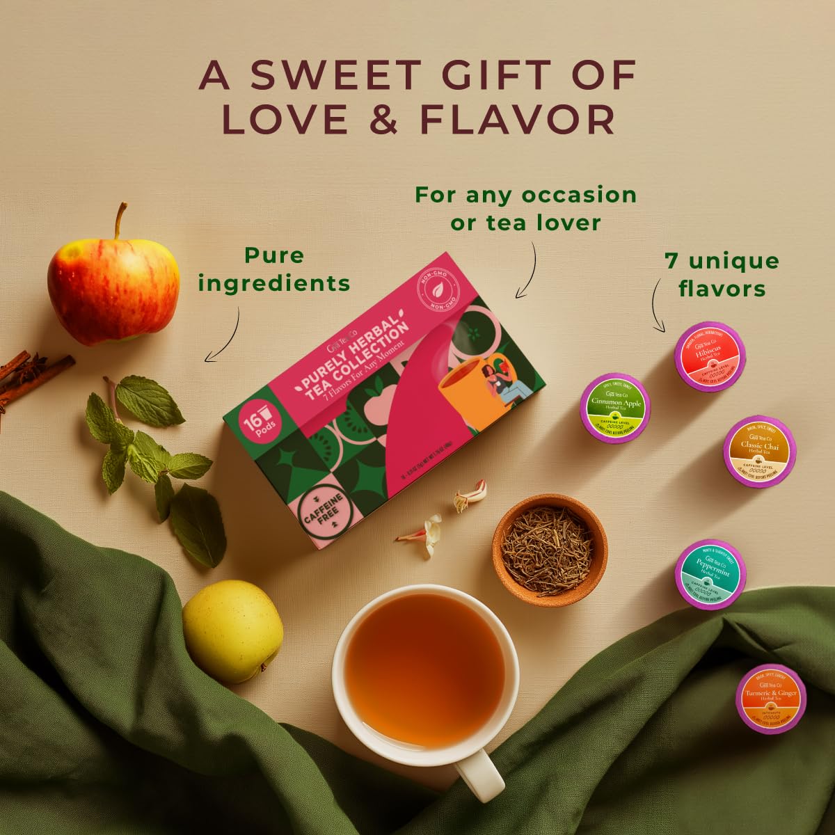 Gya Tea Co Caffeine Free Tea Gift Set Purely Herbal Collection Tea Pod (16 ct) - 7 Flavors Assorted Variety Pack with Hibiscus, Chamomile & Ginger