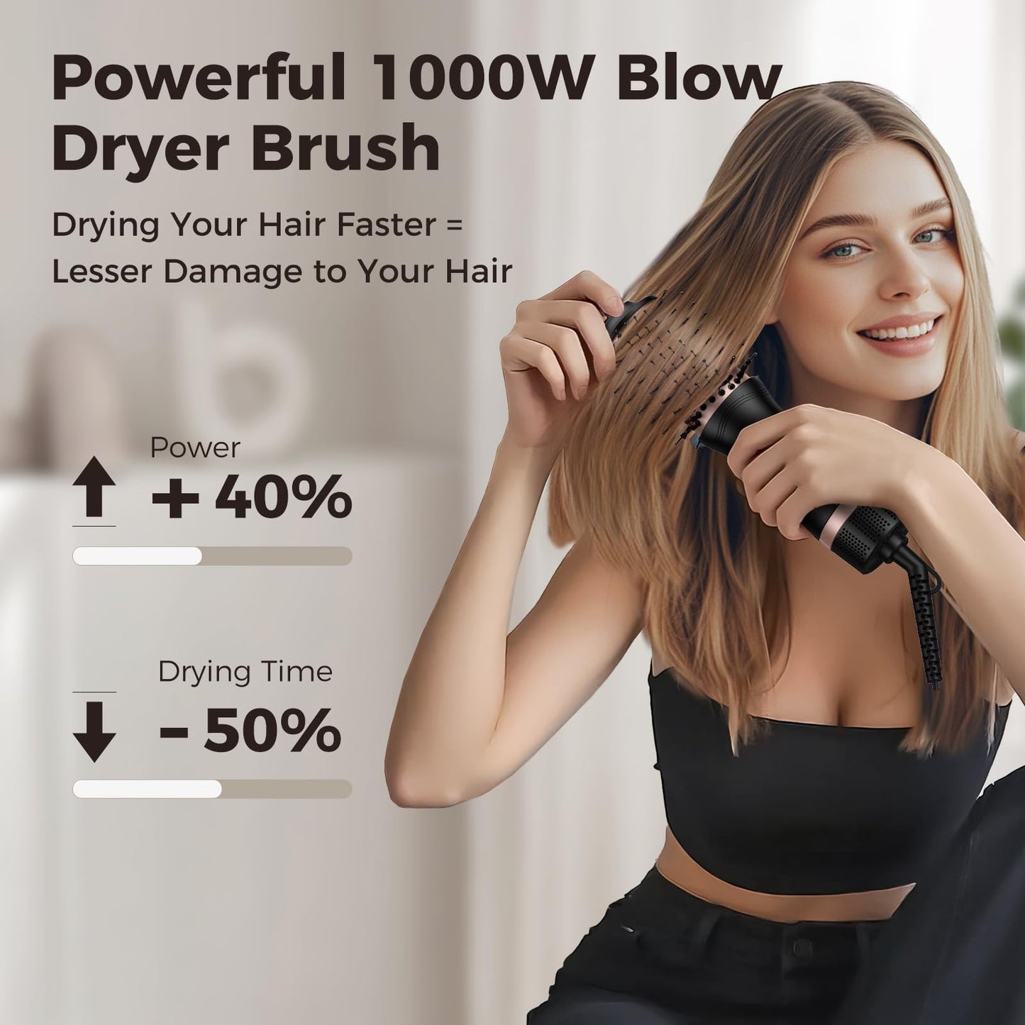 slopehill Mini Dual Voltage Hair Dryer Brush,1000 Watts Travel Hot Air Brush with European Plug, Ionic One Step Hair Dryer and Styler for Women for Home & Salon, Oval Barrel 2 Heat & 2 Speed Settings