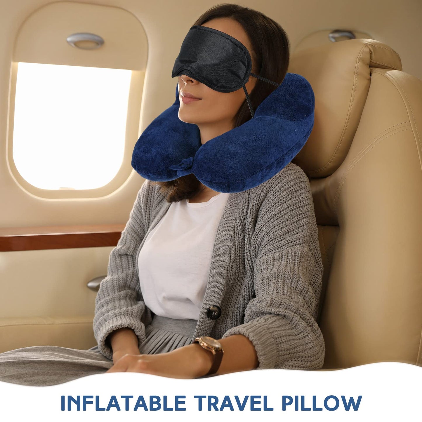 Sintuff 2 Pack Inflatable Travel Pillow for Airplanes Inflatable Neck Flight Pillows with Compact Bag and Blindfold for Traveling, Airplane, Train, Car, Office(Gray and Blue)