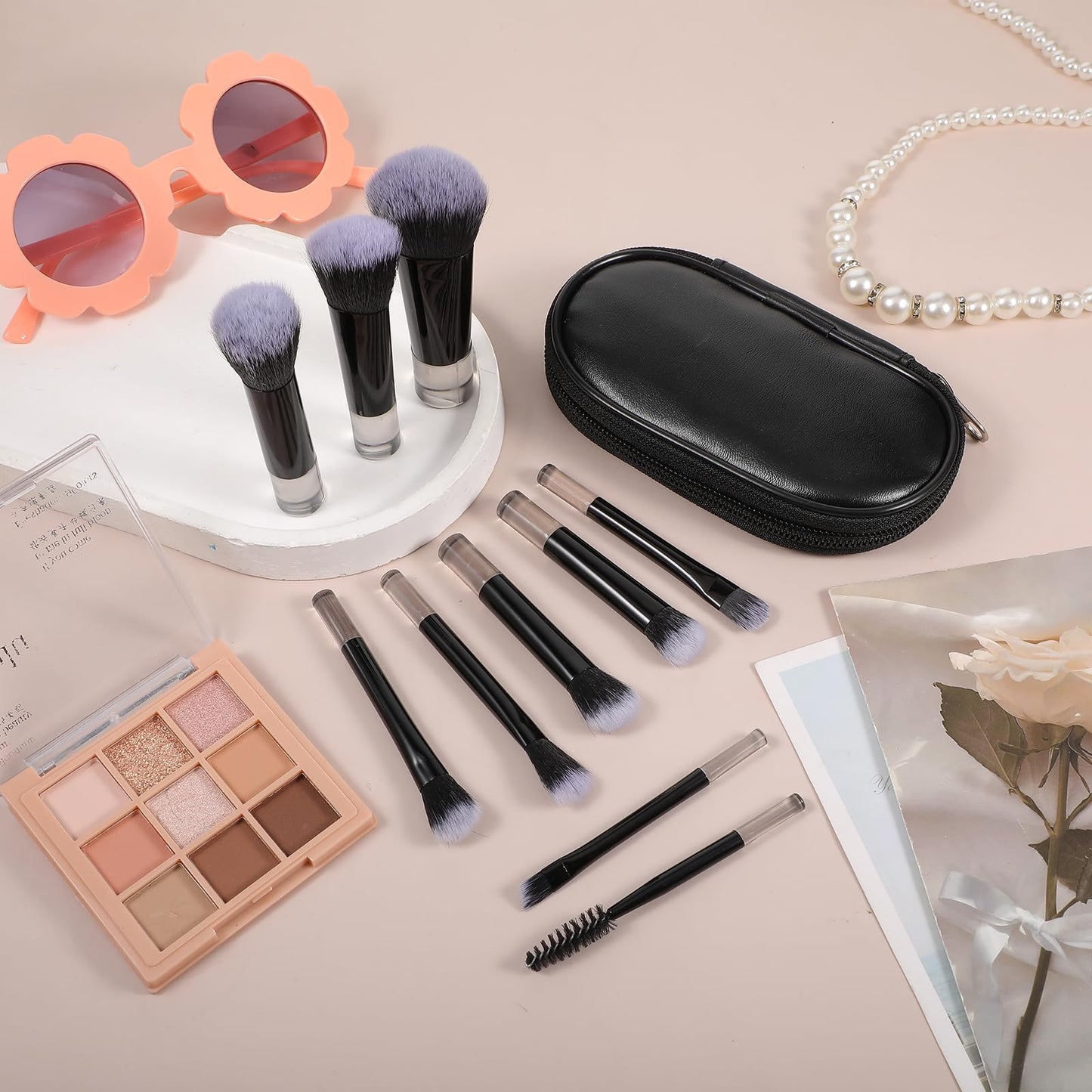 JIYIN 10 PCS Mini Travel Makeup Brushes Set, Black Portable Full Complete Function Cosmetic Kit with Brush Pouch Professional Makeup Brush Set for Women Girls Brush Blush Powder Eye Shadow