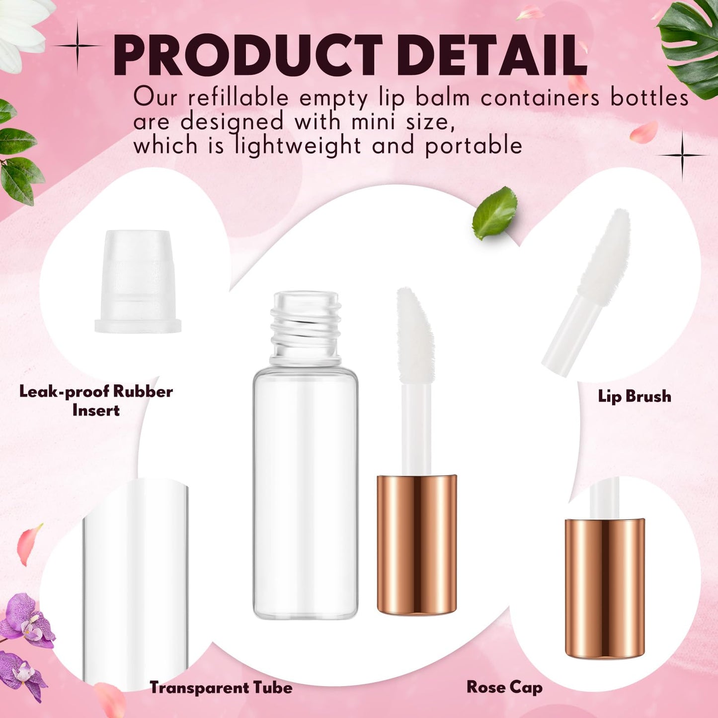 Jinei 150 Pcs Clear Empty Lip Balm Bottles 1.2ml Mini Lip Gloss Tubes, Refillable Containers Transparent Plastic Clear Lipstick Tubes for Girl Women DIY Makeup Sample Travel(Rose Gold)