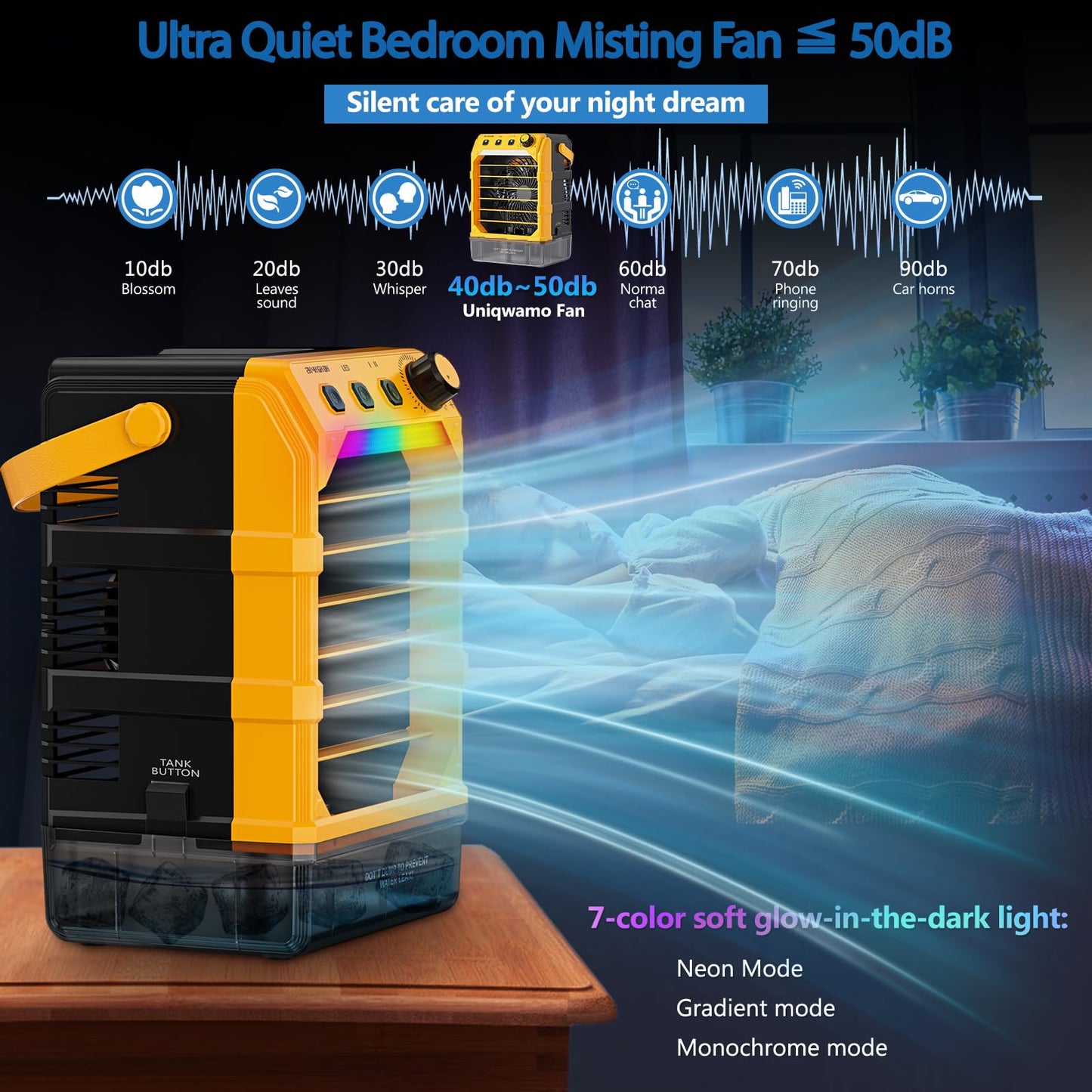 Uniqwamo Misting Fan Portable Compatible for Dewalt 20V/60V Battery(No Battery) or USB Powered, Cooling Fan for Bedroom with 7 Lights, 8H Timer, 1600ML Water Tank for Outside Camping Tent Room Office