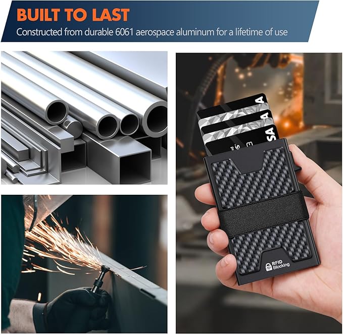 AUTLEY Slim Wallet For Men, Minimalist Mens Wallet, Rfid Blocking Wallet, Pop Up Credit Card Holder with Cash Band (Carbon Fiber+Black)