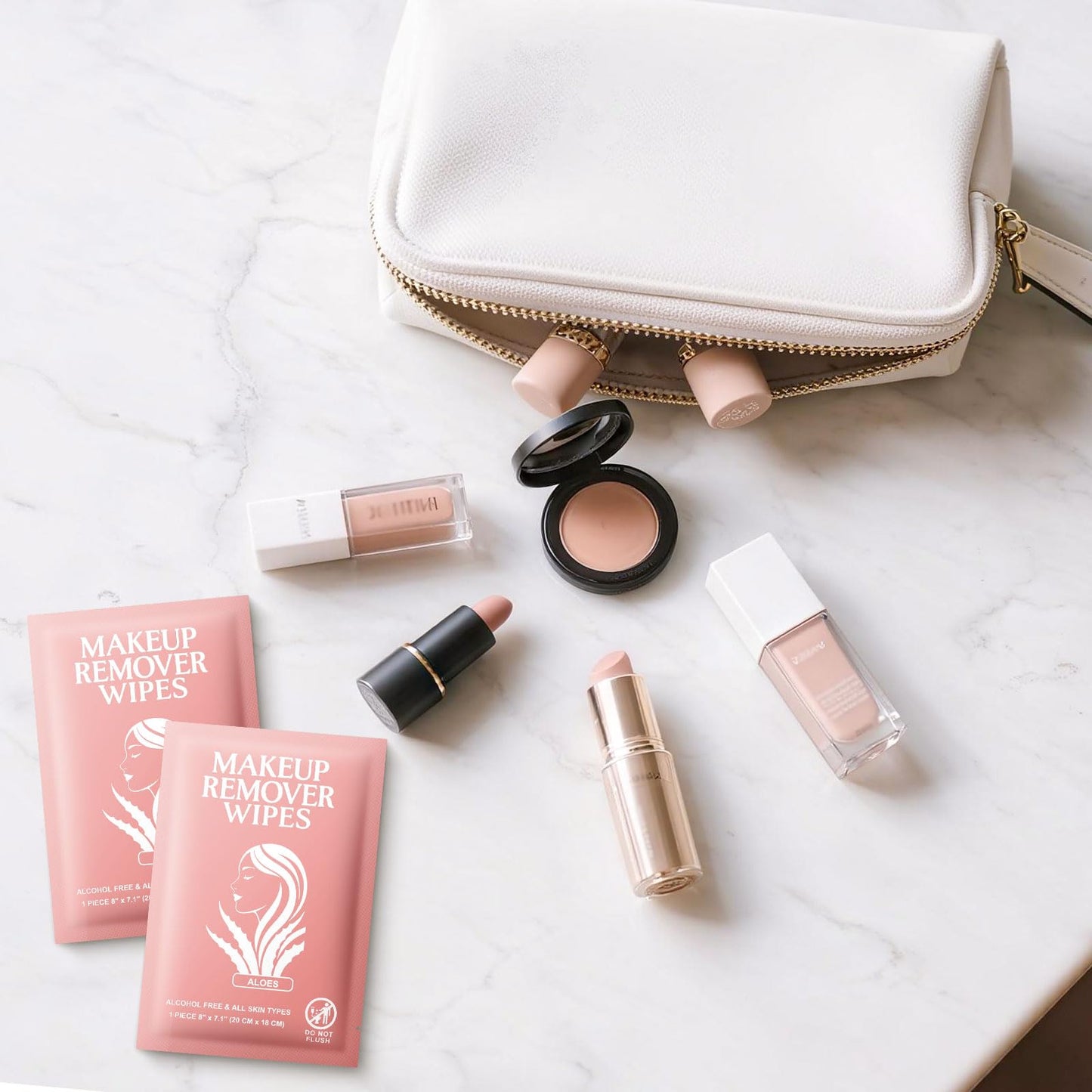 Makeup Remover Wipes Individually Wrapped Facial Cleansing Towelettes Bulk, Disposable Cleanser Makeup Removal Cloths Pads for Oil Dirt Skin Care Removing Mascara Lipstick Travel Hotel Aloes (50 Pack)