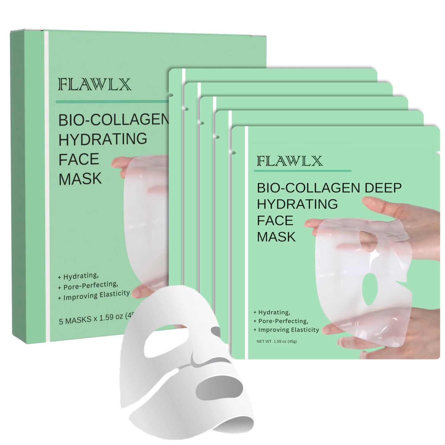 Flawlx - Bio-Collagen Real Deep Face Mask, Hydrating Overnight Hydrogel Mask, Pore Minimizing, Elasticity Boosting, With Natural Ingredients Facial Mask 45g (5-Pack) | TikTok Trend Items