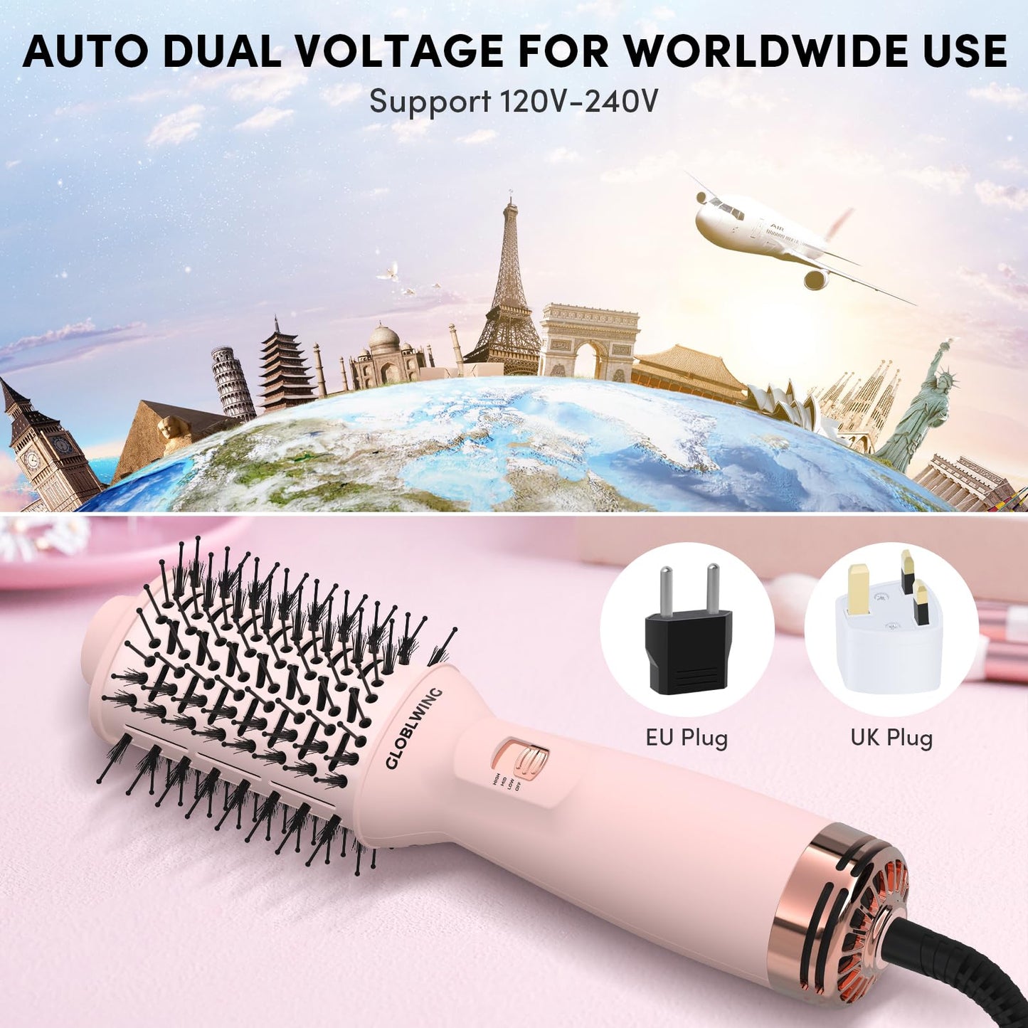 GLOBLWING Travel Dual Voltage Hair Dryer Brush Compact Mini Hot Air Brush with European Plug One Step Blow Dryer and Styler for Women, Oval Barrel 3 Heat & 2 Speed Settings