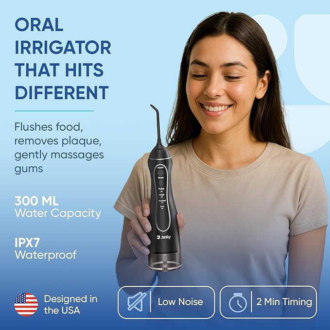 JETLY Water Dental Flosser Teeth Pick Cleaner: Travel Cordless Oral Irrigator 300ML Capacity Portable Rechargeable IPX7 Waterproof Electric Flossing Machine for Teeth Cleaning (Black)