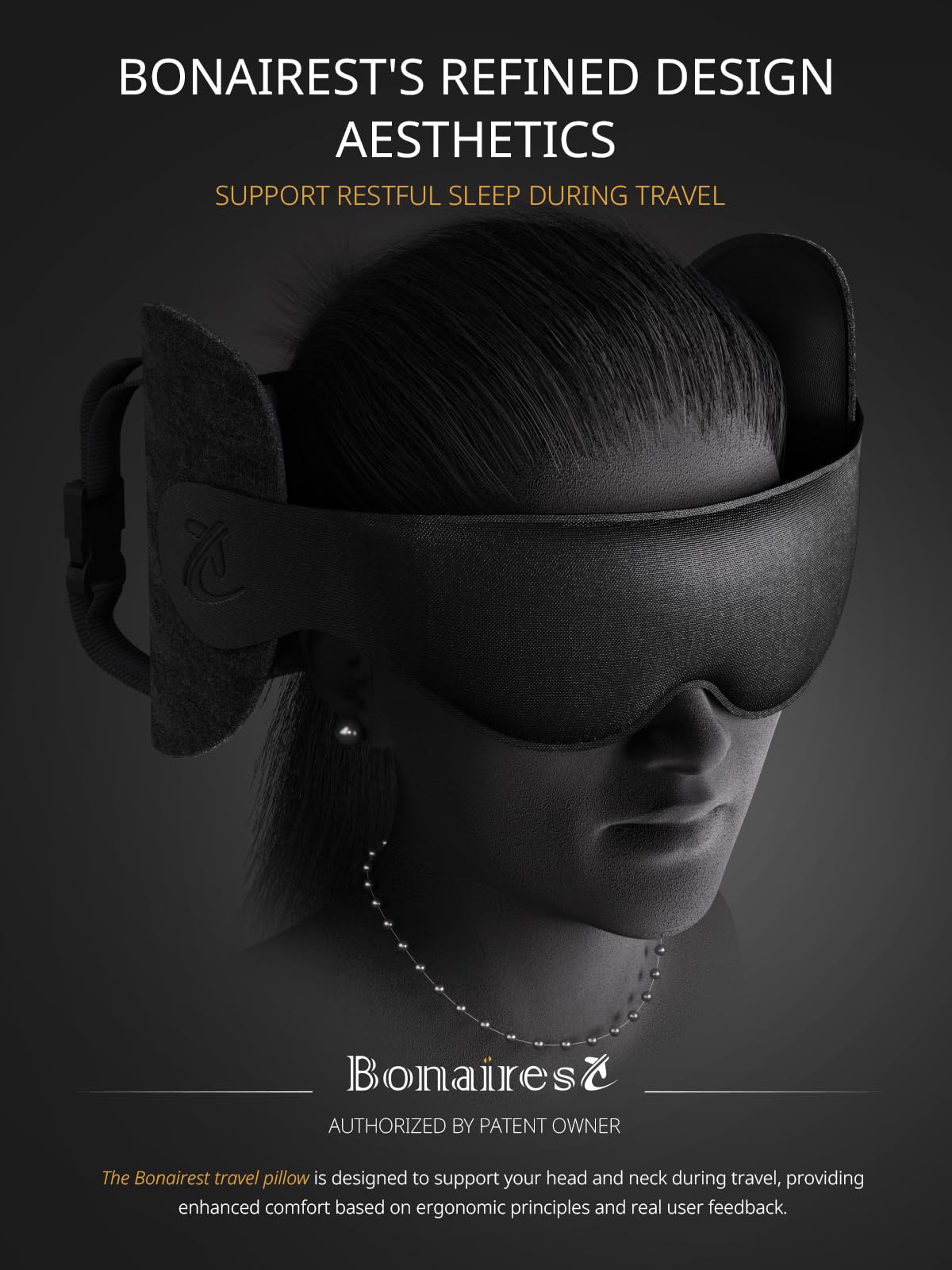 Bonairest Travel Pillow, Airplane Neck Pillow for Long Flight, Oversized Head Strap with 3D Eye Mask for Sleep, 360°Support Headrest, Stop Bobblehead, Ultimate Travel Essentials for Men Women Black