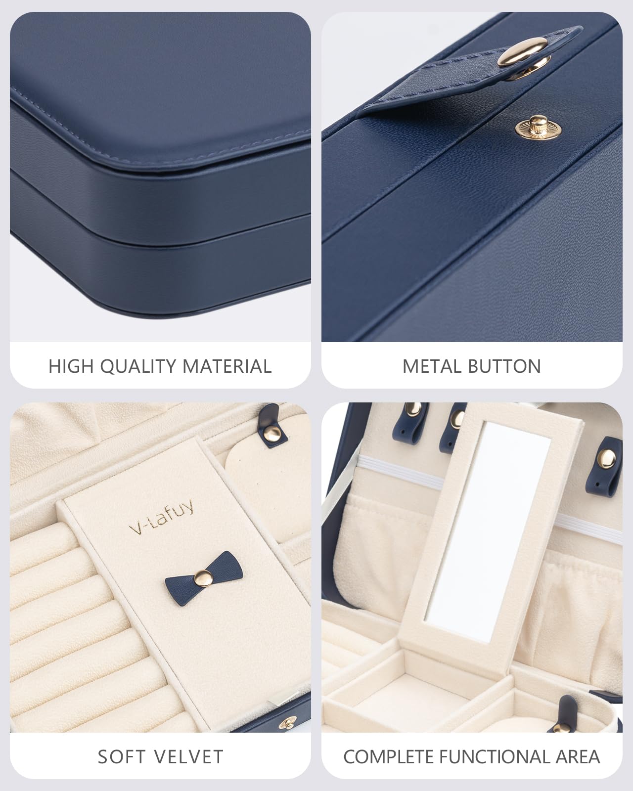 V-LAFUY Travel Jewelry Case, Jewelry Box Small PU Leather Portable, Jewelry Travel Case for Rings Earrings Necklaces Bracelets Watch, Navy A