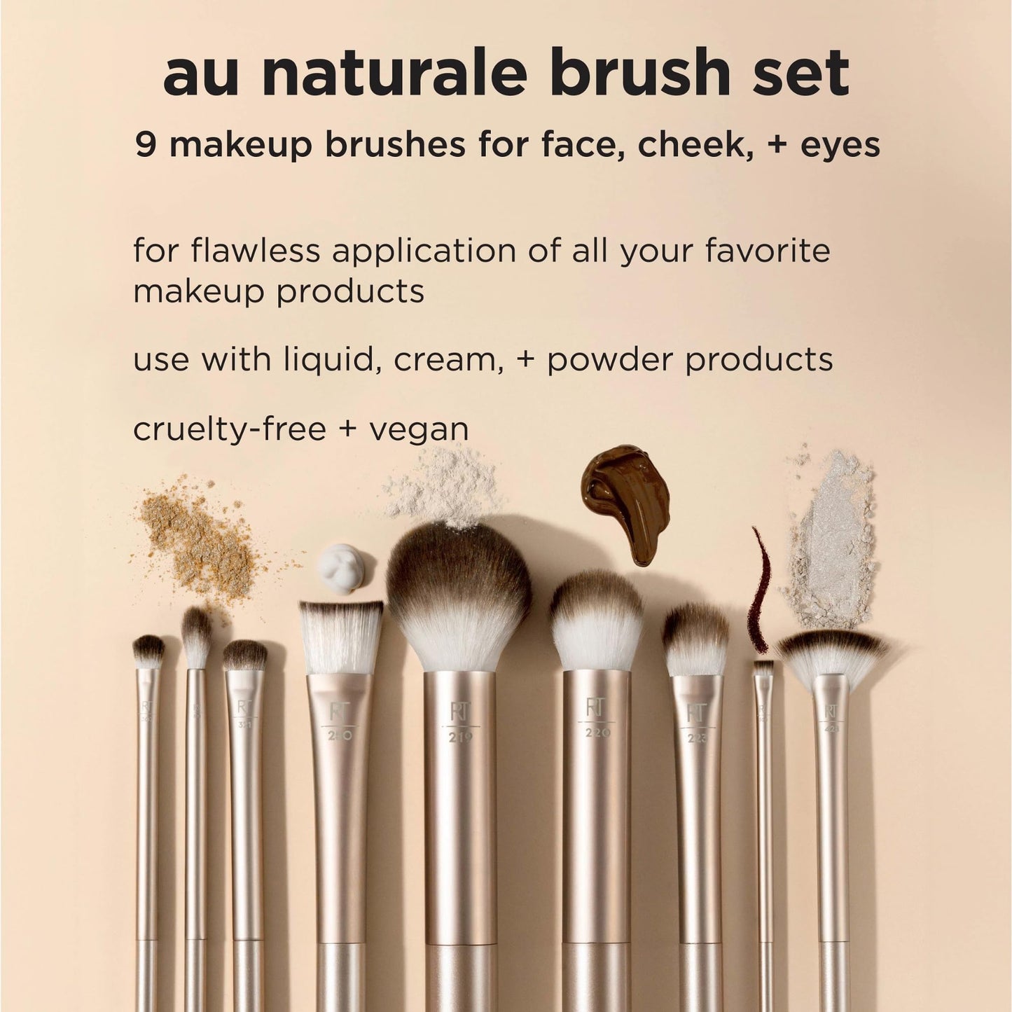 Real Techniques 9 Piece Au Naturale Makeup Brush Set, For Liquid, Cream, & Powder Eyeshadow, Foundation, Blush, Bronzer & Contour, Travel Friendly Brushes, Gift Set, Cruelty-Free Bristles