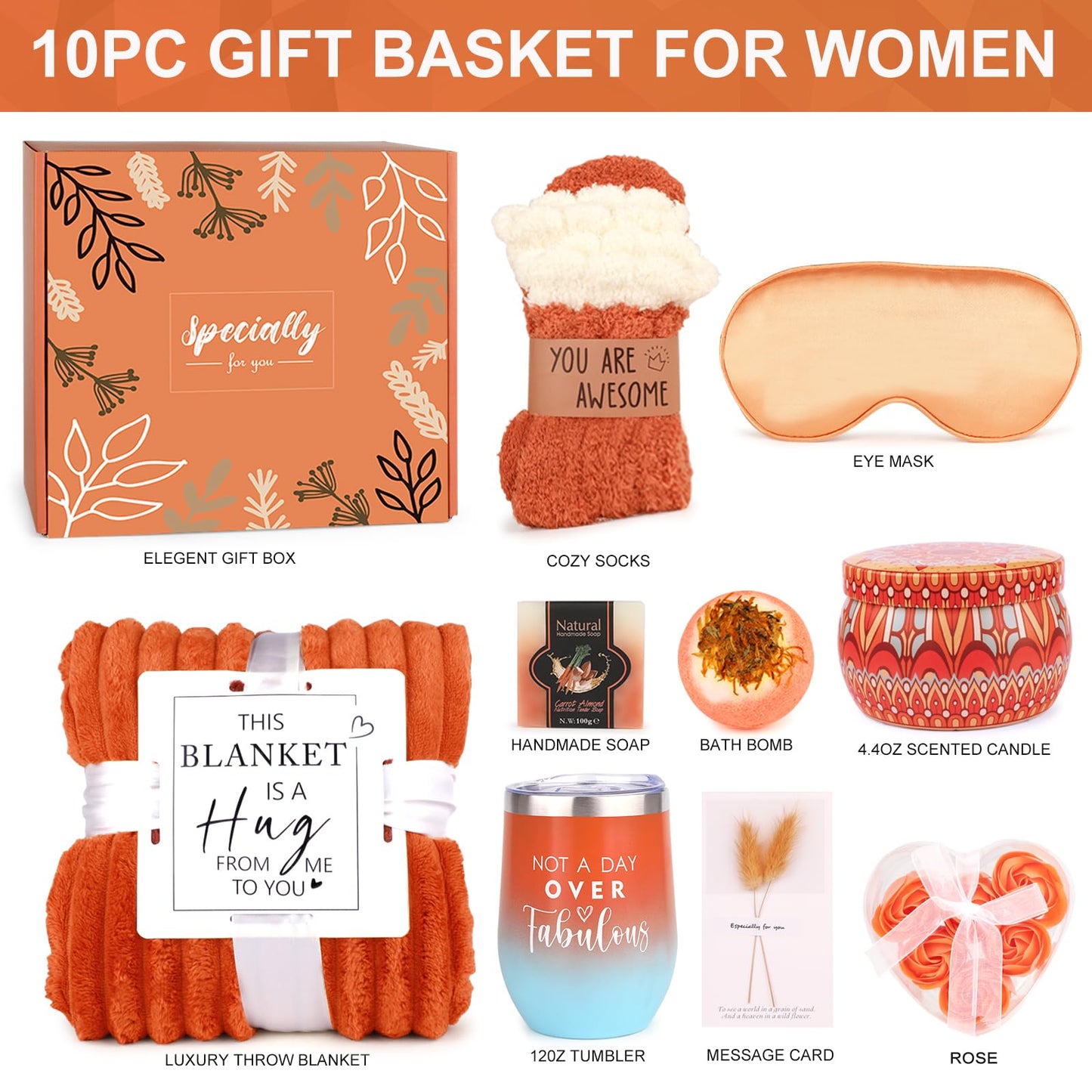 Fall Gifts for Women Orange,Halloween, Birthday Gifts for Mom Her Wife Friend w/Fall Candle,Fall Home Decor,Self Care Get Well Gifts Spa Set, Christmas Thanksgiving Halloween,Boo Basket Gifts Box Cozy